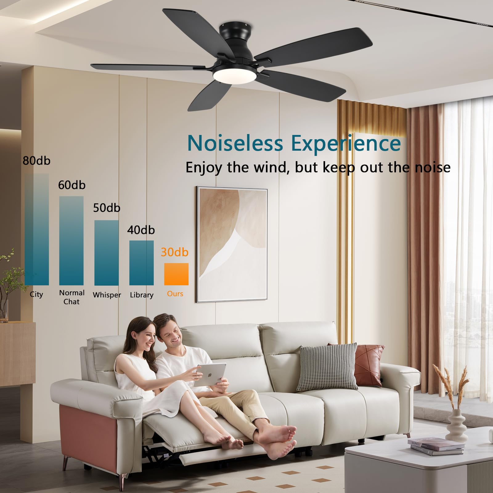 Ceiling Fans with Lights, 52 Inch Low Profile Ceiling Fan with Light and Remote Control, Flush Mount, DC Reversible Motor, Noiseless, Black 6 Speeds Ceiling Fan for Bedroom