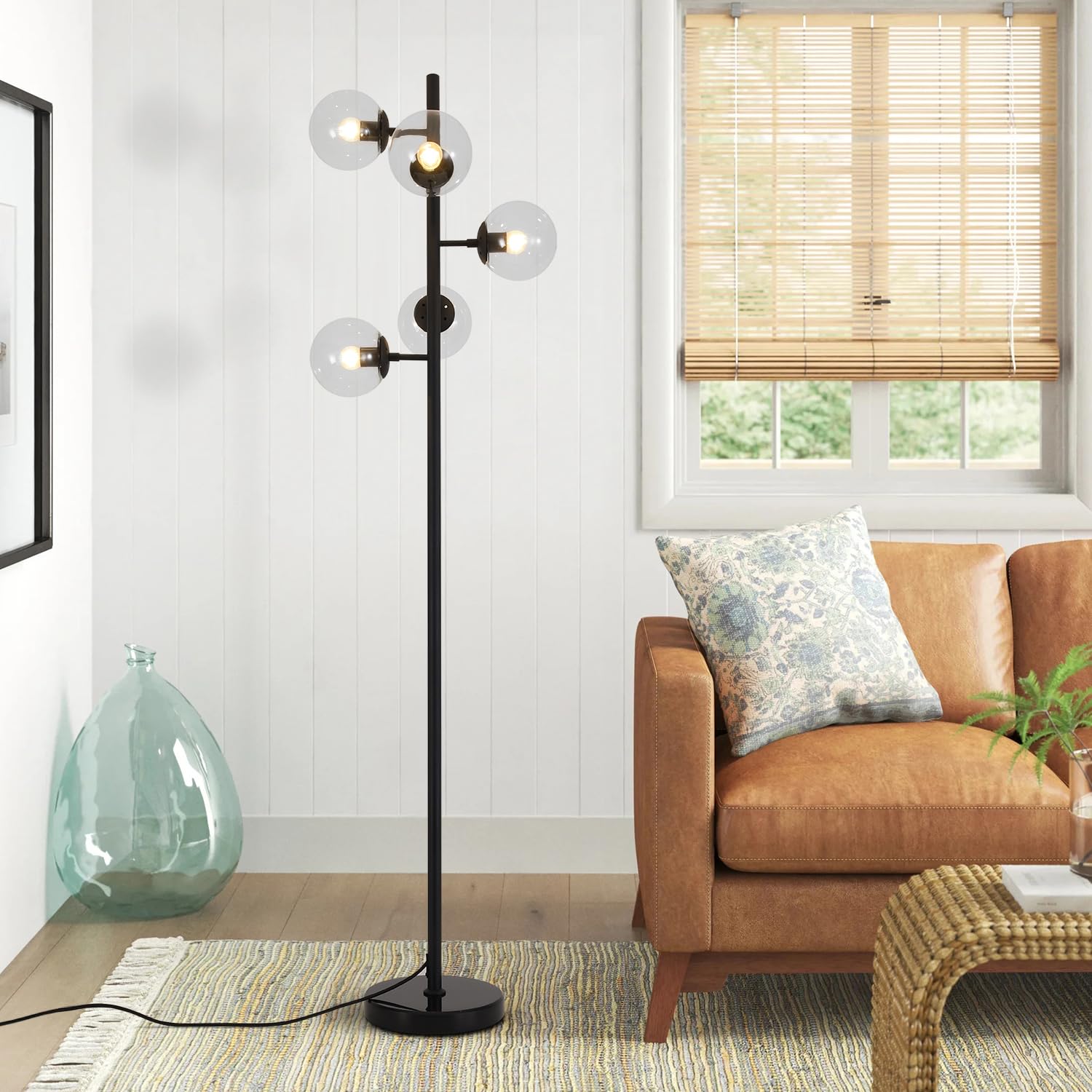 Lighting 5-Light Frosted White Glass Globe Floor Lamp Mid Century Modern Gold Tall Pole Standing Light LED Standing Lamps with Foot Switch for Home Office (Gold)