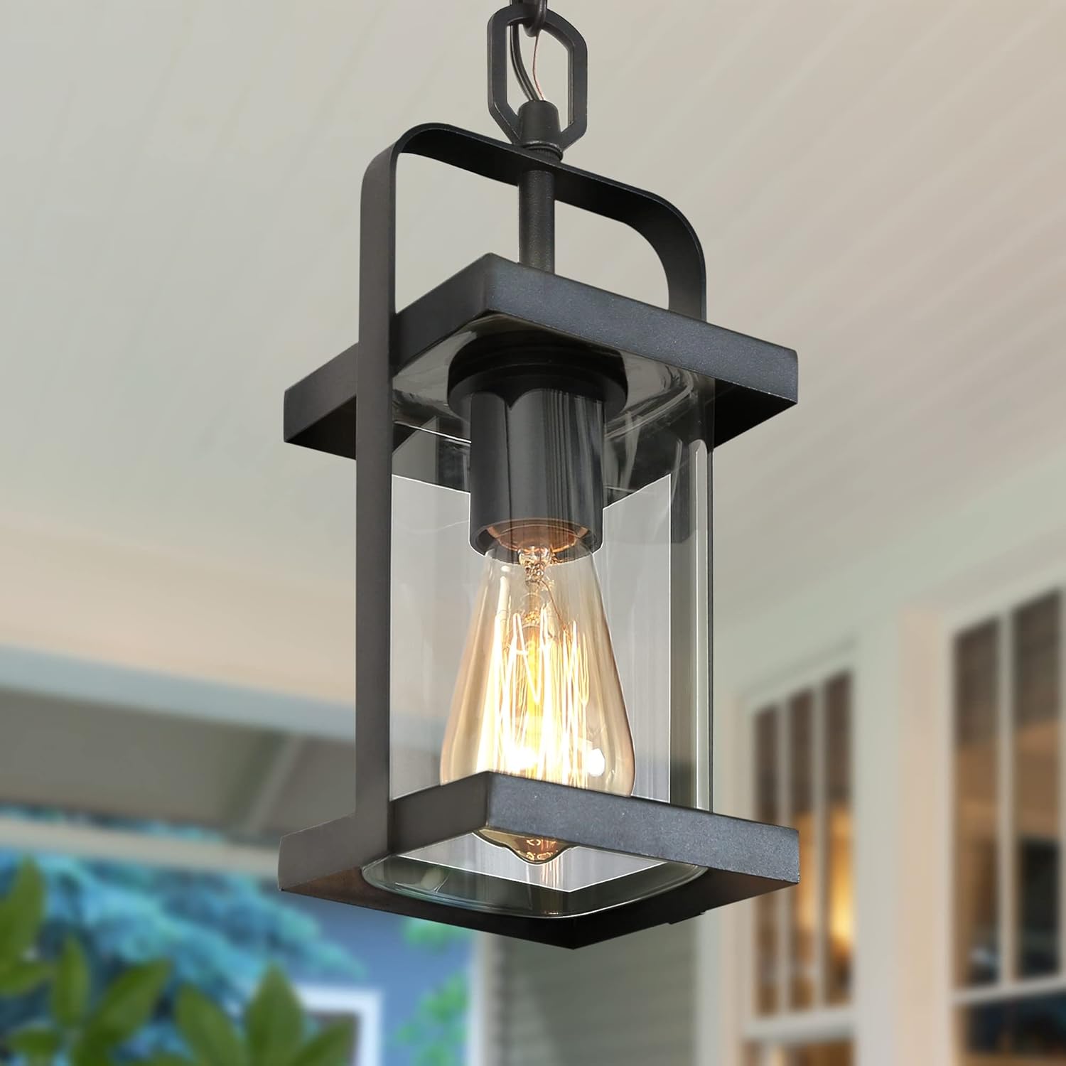 Black Outdoor Pendant Lights, Exterior Pendant Light with Clear Glass, Porch Hanging Lantern Light Fixtures in Brushed Black Finish