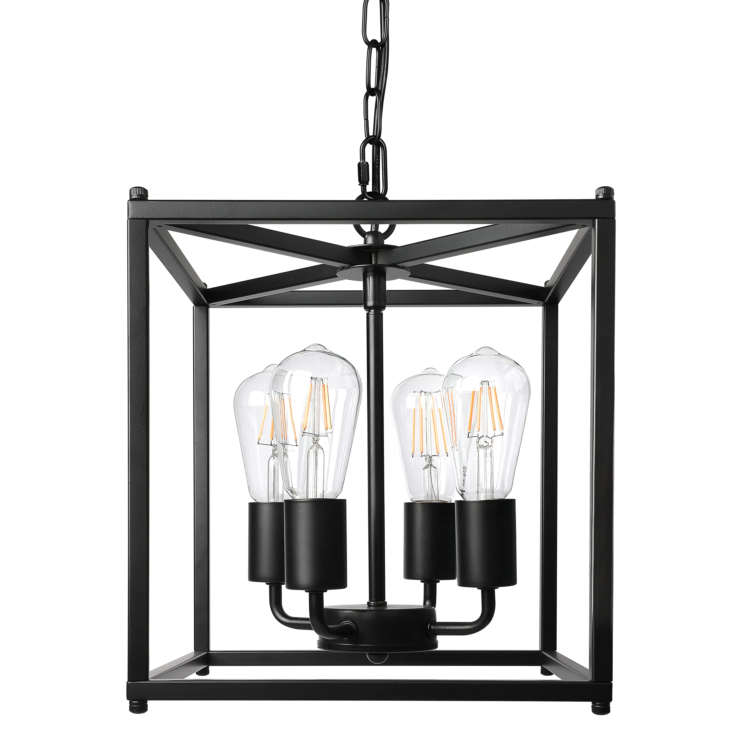 4-Light Black Farmhouse Chandelier, Iron Lantern Pendant Light Rustic Cage Adjustable Height, E26 Base Industrial Hanging Lights for Kitchen Island Dining Room Hallway Foyer Entryway