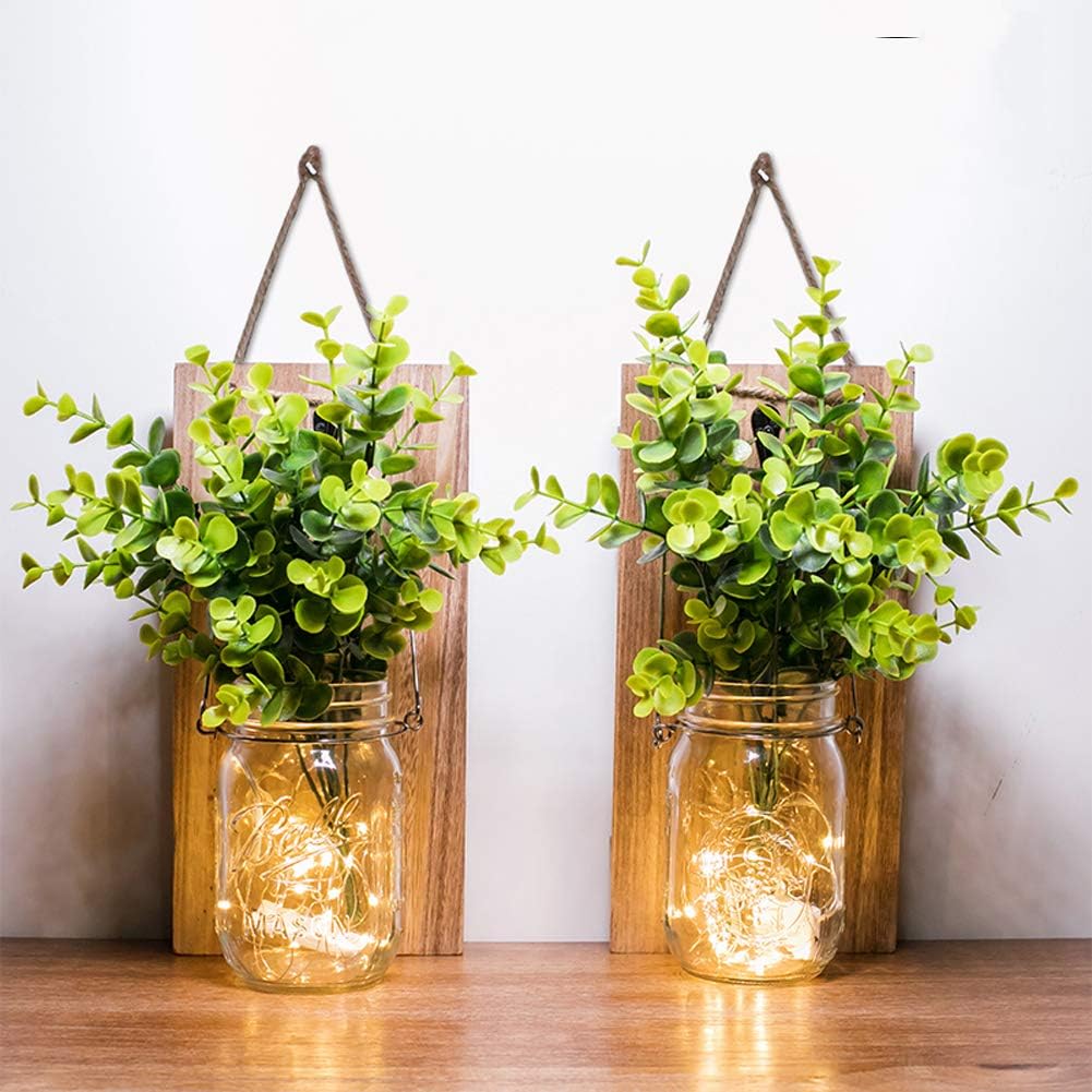 Rustic Wall Sconces, Mason Jar Sconces, Farmhouse Home Decor, LED Fairy Lights, Green Fake Plant, Interior Decoration Warm Toned Lighting. (2 Pack)