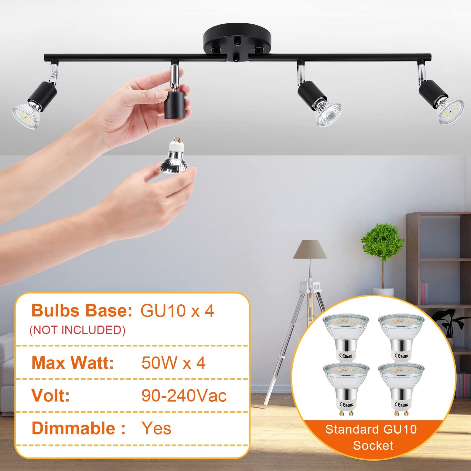 Track Lighting Kit, 4 Head Foldable Ceiling Spot Light with GU10 Socket for Kitchen Hallyway Bedroom Fixture Directional Accent Lamp