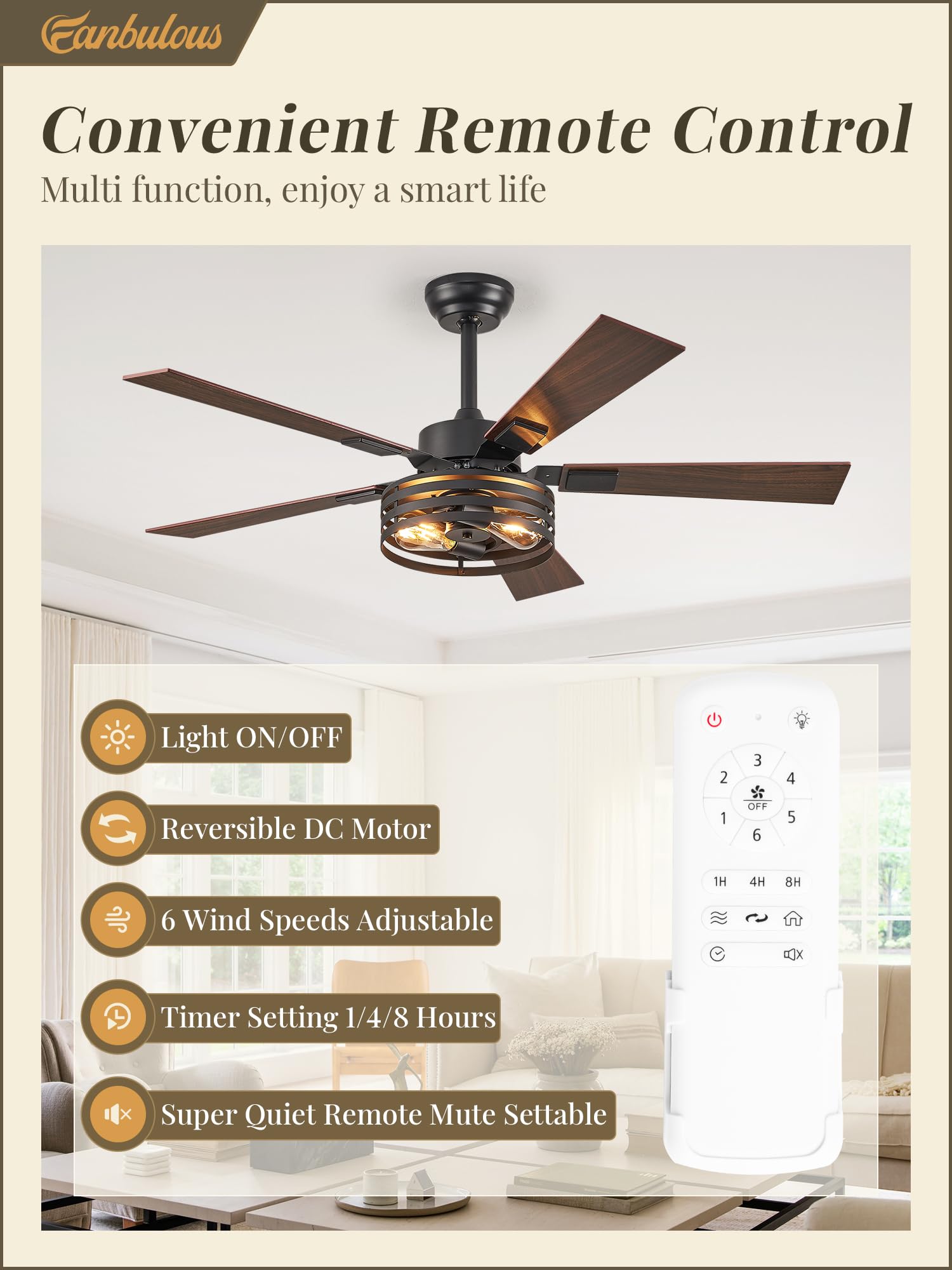 Farmhouse Ceiling Fans with Lights and Remote, 52 Inch Black Industrial Caged Ceiling Fans for Bedroom Living Room Kitchen, 6 Speed Reversible Quiet DC Motor, Dual Finish 5 Blades