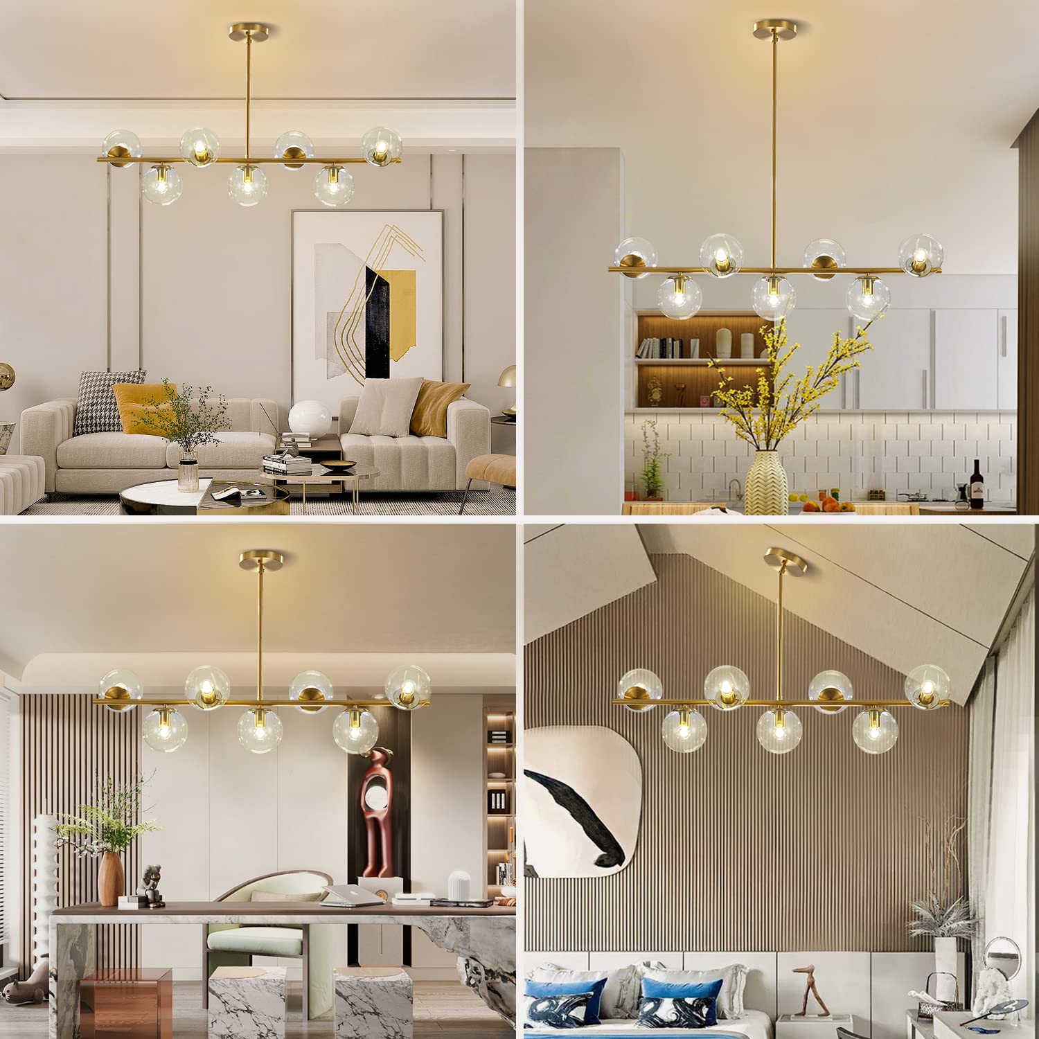 KCO Lighting Modern Brass Linear Chandelier Pendant Light 7-Lights Gold and White Glass Pendant Lighting Mid Century Globe Dining Light Fixture for Living Room Kitchen