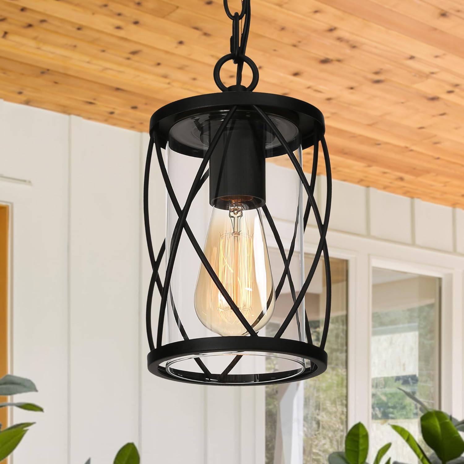 Outdoor Pendant Light for Porch, Black Outdoor Pendant Lights Farmhouse Exterior Hanging Light Fixture with Metal Cage Clear Glass Shade