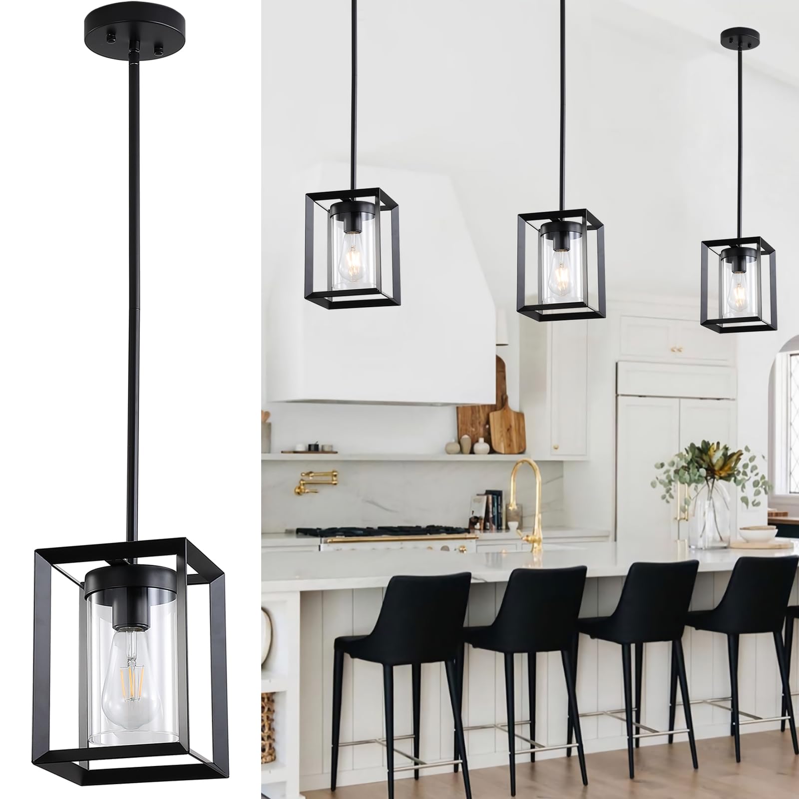 Black Kitchen Island Pendant Light,1-Light Modern Hanging Pendant Light Fixtures with Metal Cage and Clear Glass Shade,Pendant Lighting for Entryway Living Room Bedroom