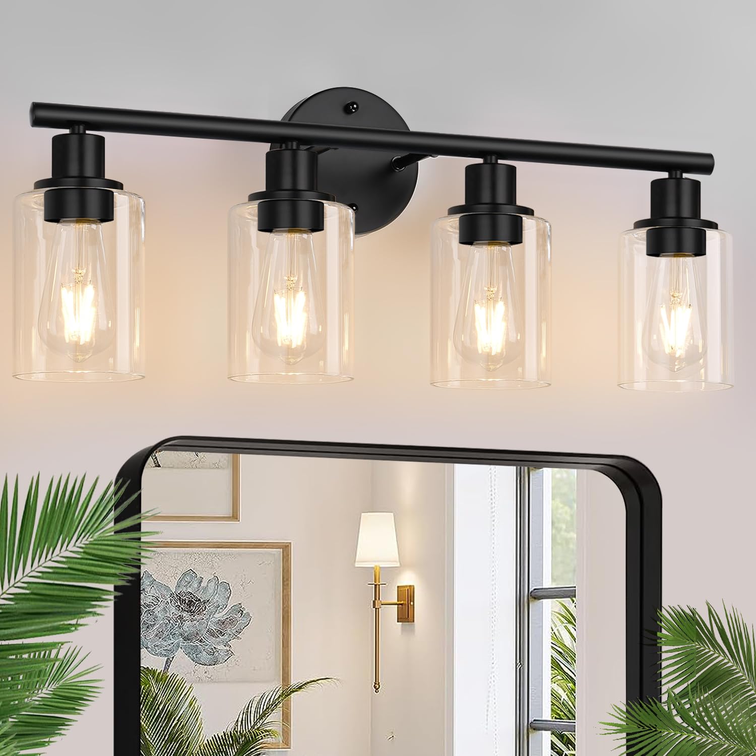 3-Light Bathroom Light Fixtures, Black Modern Vanity Lights with Clear Glass Shade, Bathroom Wall Lamp for Mirror Kitchen Living Room Hallway Cabinet Porch