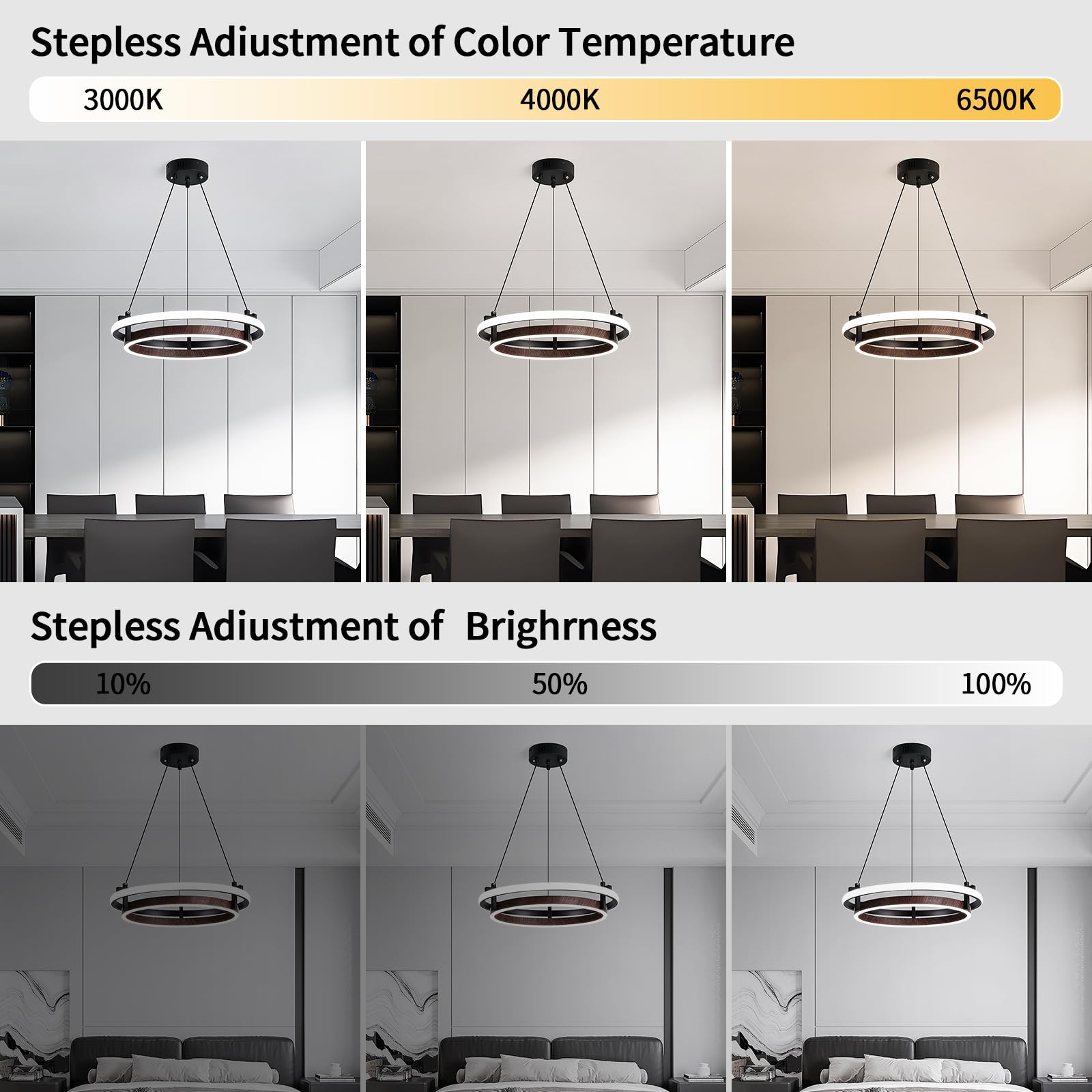 Modern LED Pendant Light 2 Ring Contemporary Chandelier Black and Wooden Hanging Light Fixture for Kitchen Table Dining Room Bedroom Entryway Living Room