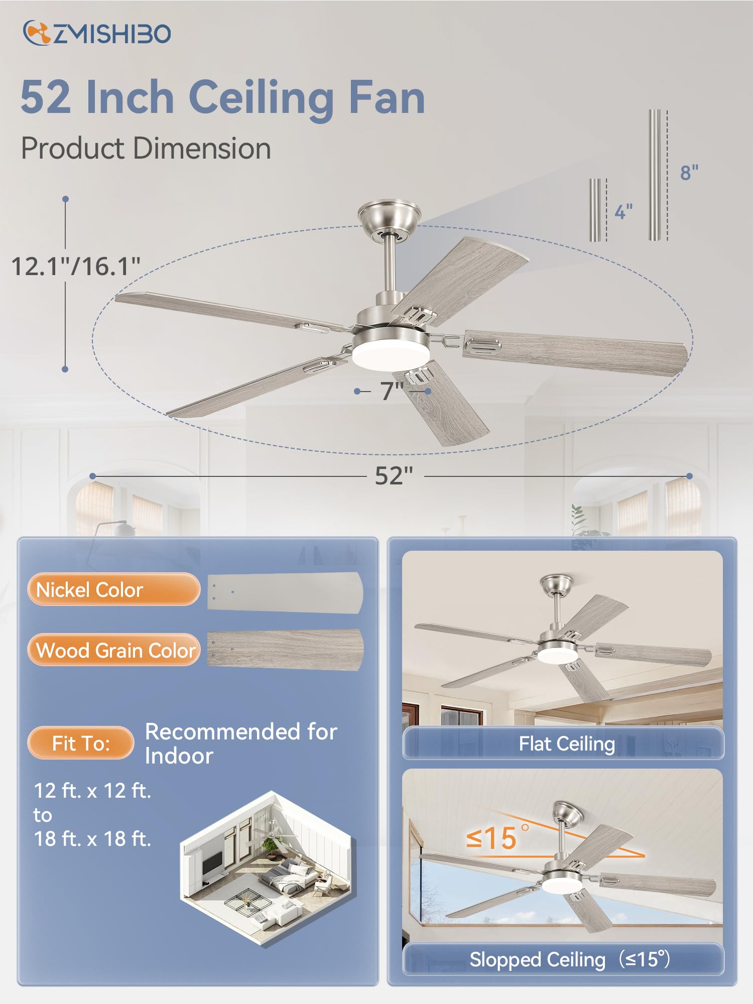 52" Ceiling Fans with Lights, Black Modern Ceiling Fan with Remote, Farmhouse Indoor Ceiling Fan with Dual Finish Blades, Quiet & Strong Motor, Bright LED Light.