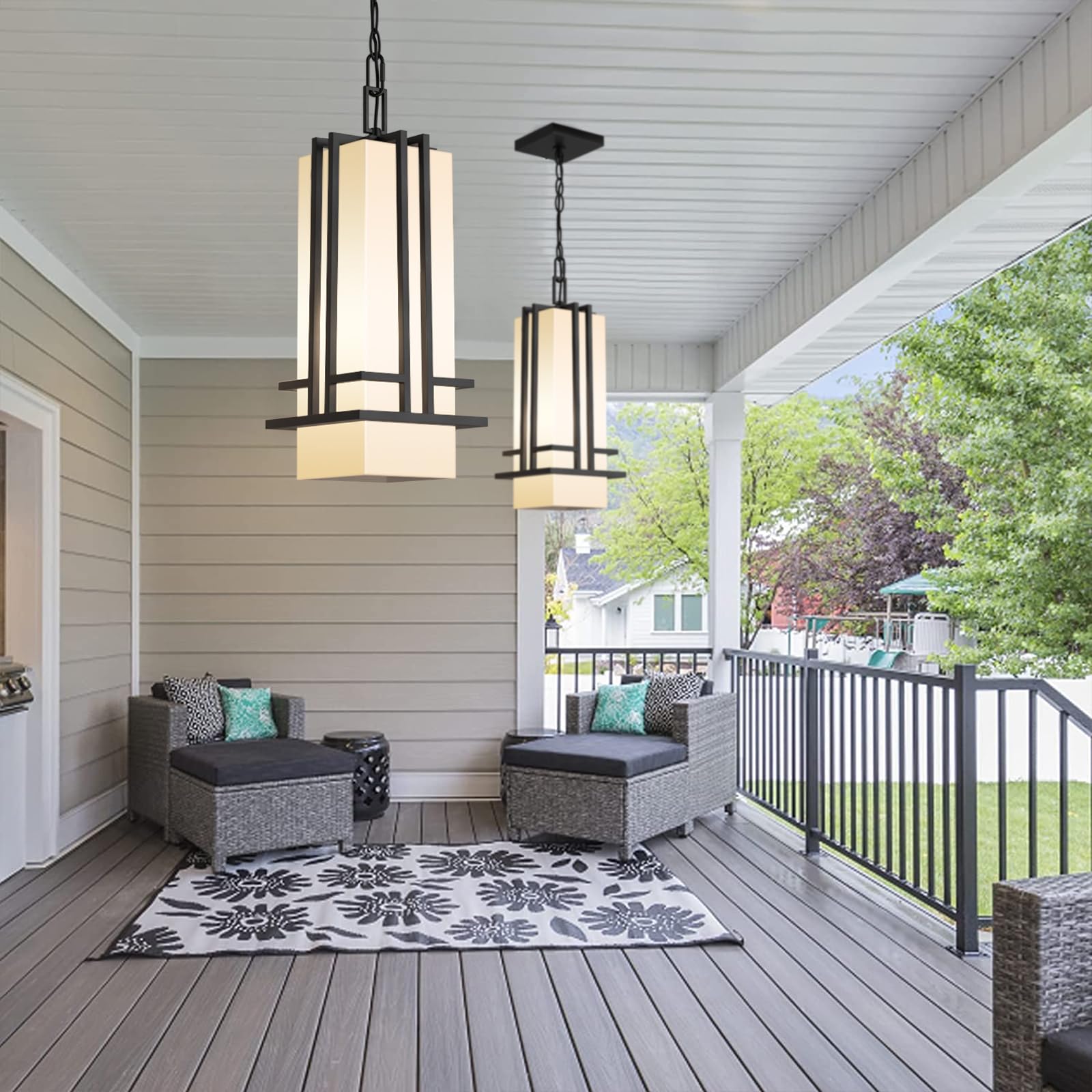 Outdoor Pendant Light Fixture - Aluminum Exterior Hanging Lantern, Outdoor Hanging Light with Black Adjustable Chain Outdoor Pendant Lights for Porch Patio (Max 44.09''H, 1 pc)