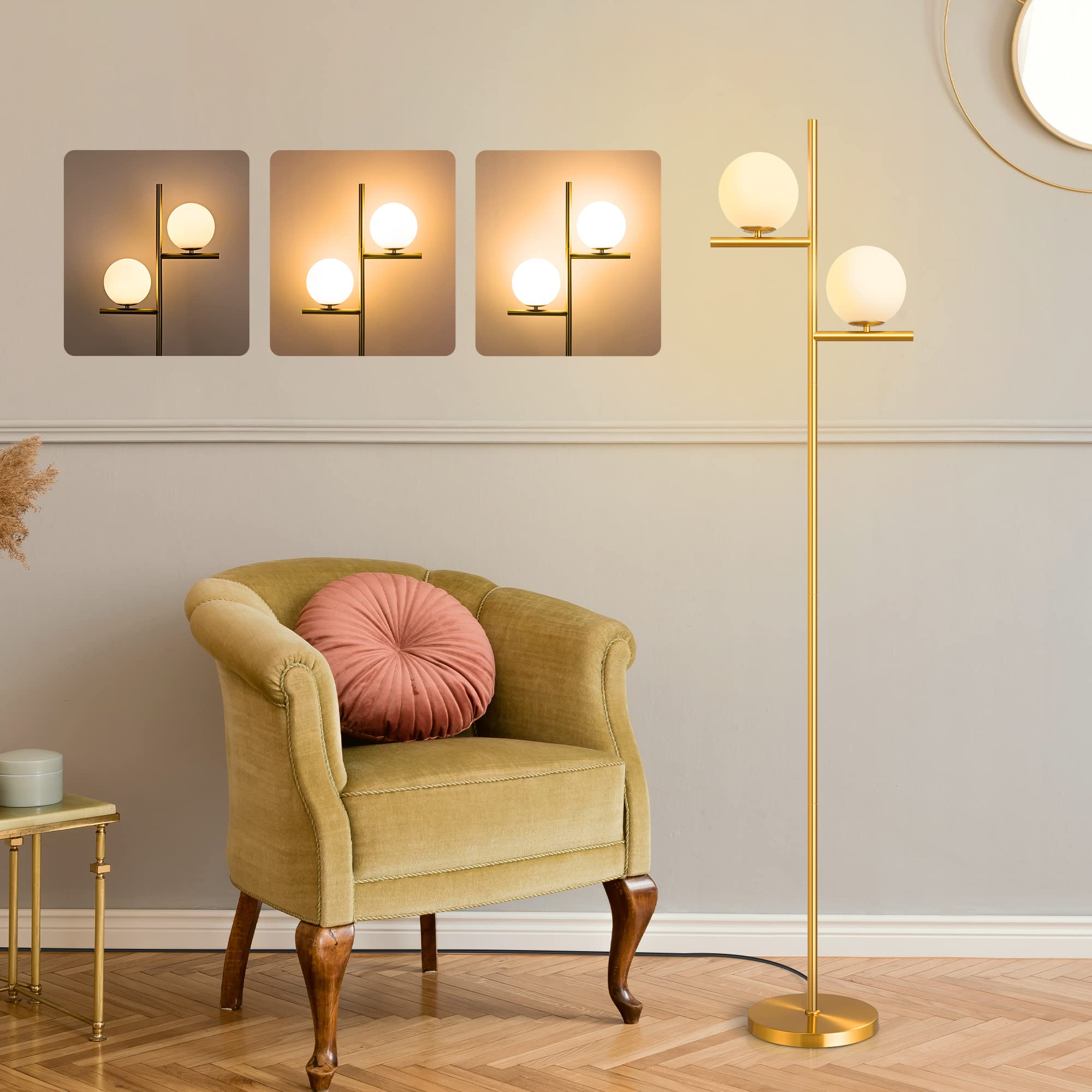 67.5in Mid Century Modern Globe Floor Lamp, Upgraded Dimmable Gold Standing Lamps for Living Room, Frosted Glass Shade, LED Tall Pole Lamp for Bedroom-Brass Plating