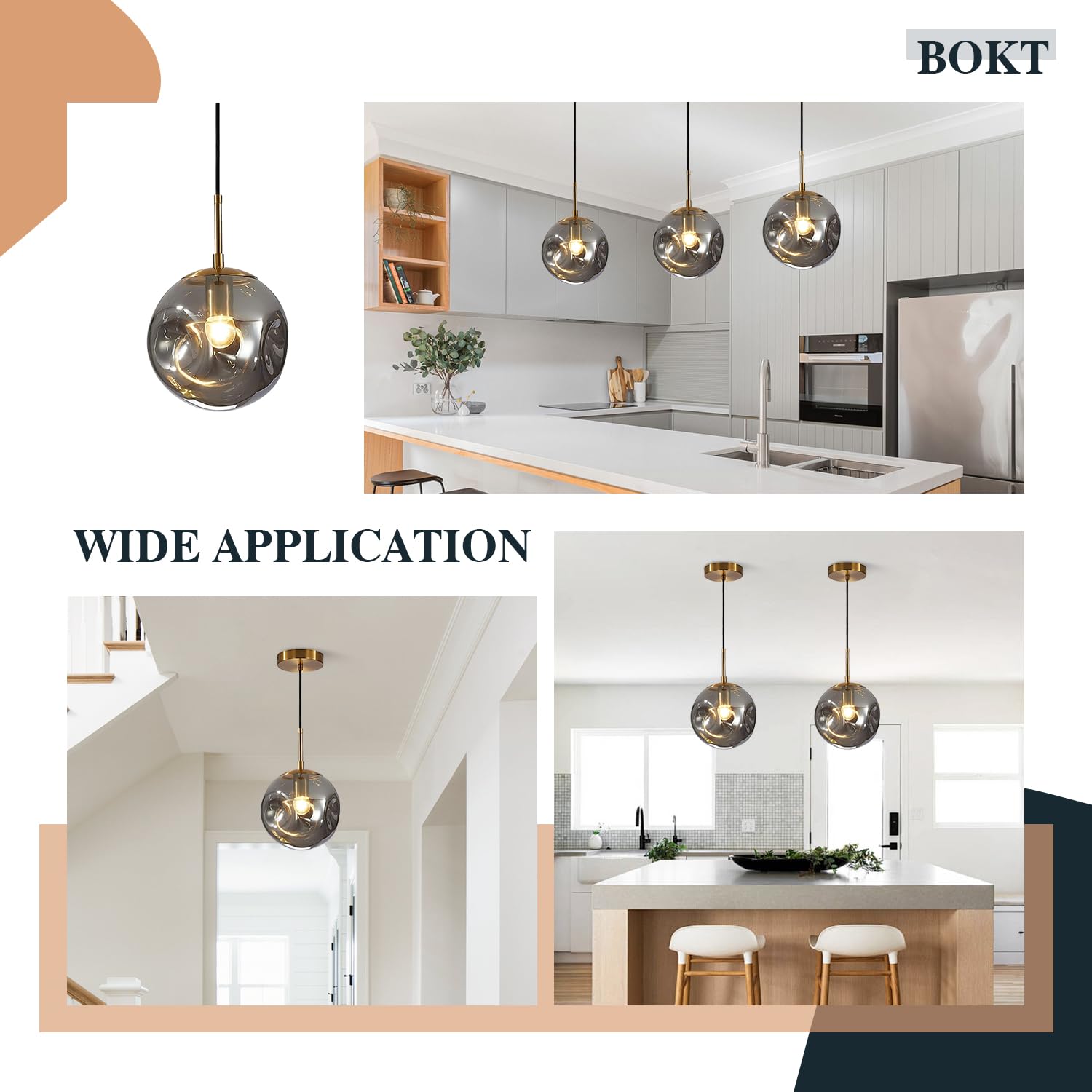 BOKT Modern Gold Kitchen Island Pendant Light Mid Century 3-Lights Globe Pendant Light Fixture Cluster Multi Light Pendant Lighting Bedside Glass Ball Pendant Lamp