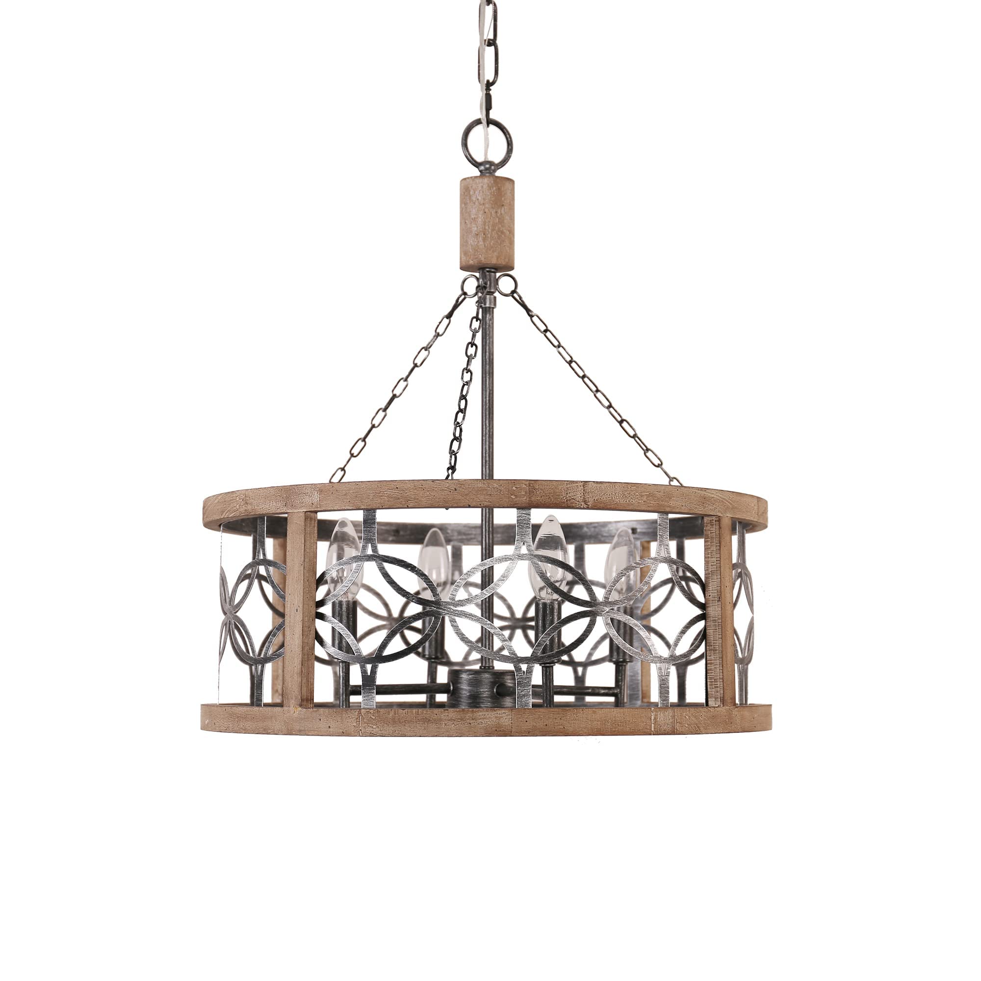 Rustic Farmhouse Chandelier, 4-Light Handmade Wood Pendant for Kitchen, Dining, Foyer, W19.7 x H21.6, Weathered Wood