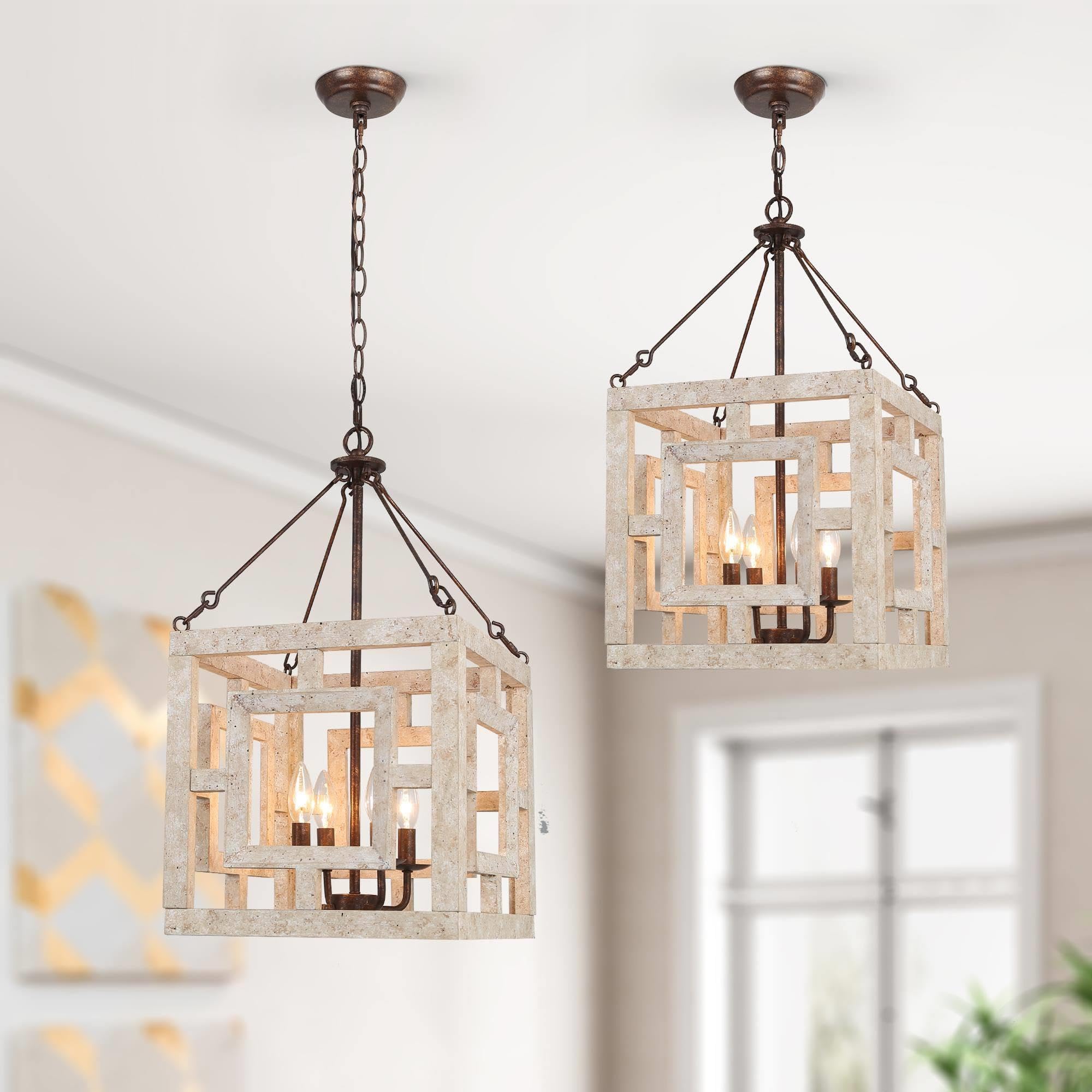 Farmhouse Wood Chandelier, 3 Light Rustic Mid-Century Lantern Wooden Chandeliers Hanging Light Fixture for Dining Room, Living Room, Bedrooms, Living Room, Entryway