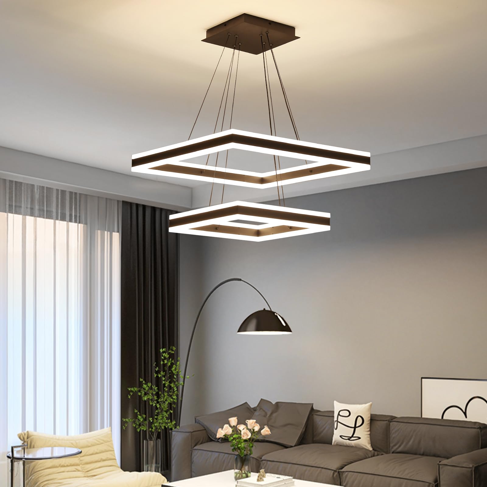 Modern LED Chandelier, Double Rectangles Ceiling Pendant Lights, LED Island Lights Dimmable Chandeliers for Dining Room Living Room Bedrooms, Black (40CM/60CM)