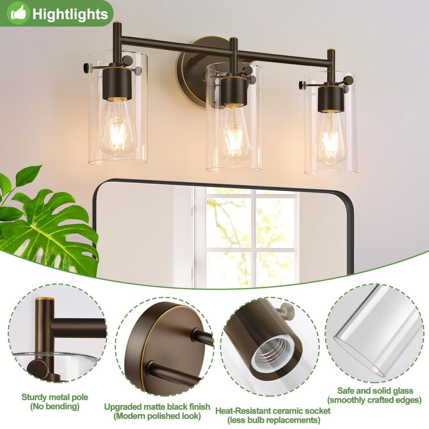 Bathroom Light Fixtures 2023 Upgrade, 3-Light Matte Black Bathroom Vanity Light, Black Bathroom Lights Over Mirror with Clear Glass Shade, Bathroom Wall Sconces for Mirror Bedroom Living Room Hallway