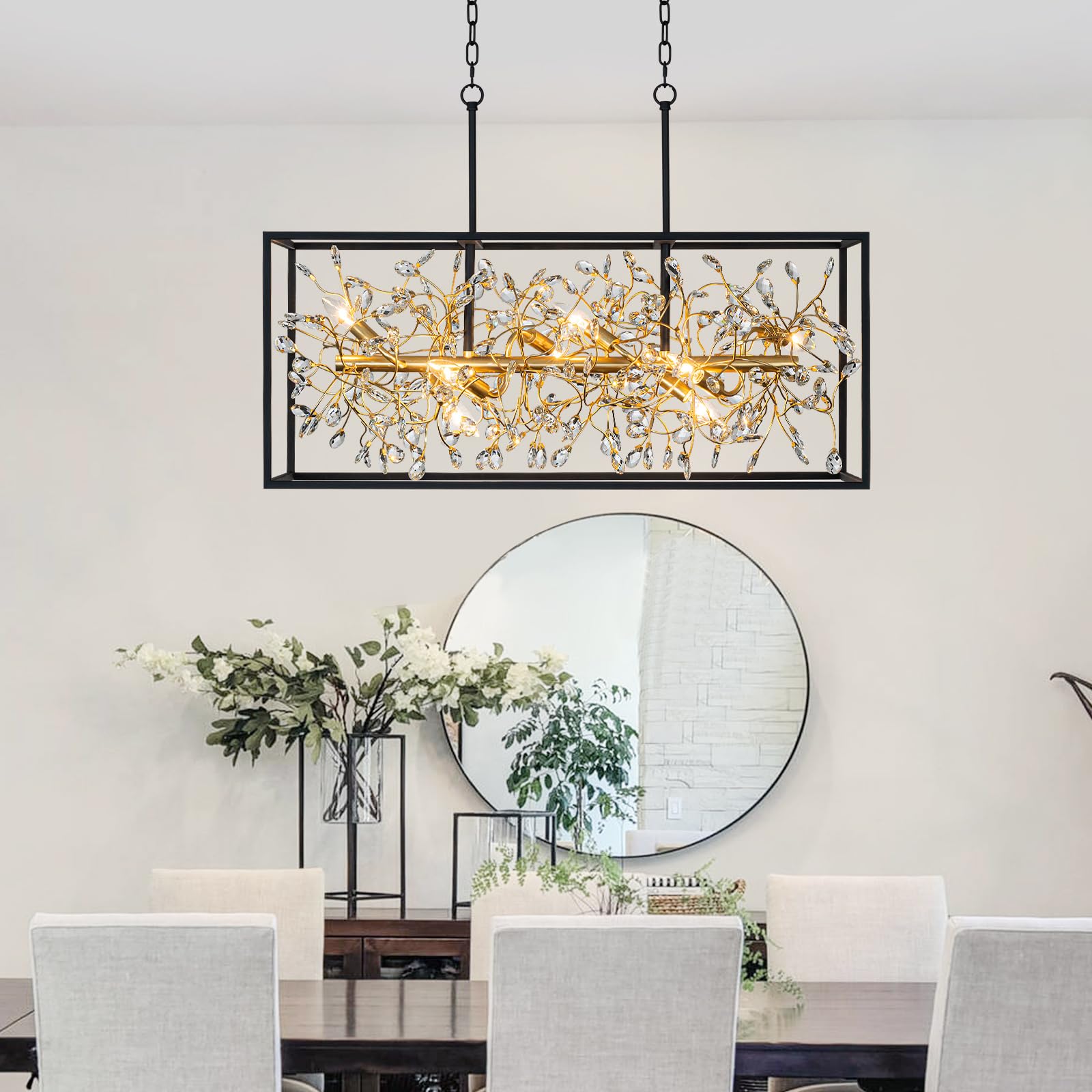 Rectangle Crystal Chandelier for Dining Room 8-Light Black and Gold Modern Farmhouse Chandelier Rectangular Contemporary Pendant Light Fixture for Kitchen Island Bar