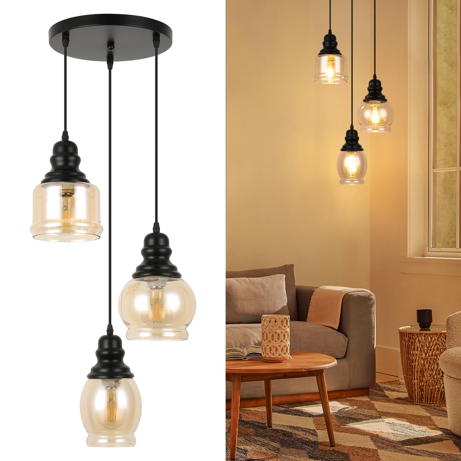 WILON Industrial Pendant Lighting, Pendant Lights for Kitchen Island 3 Light Glass Pendant Light Fixture with Seeded Glass Shade, Adjustable Cord Farmhouse Ceiling Light Black finish Linear Chandelier