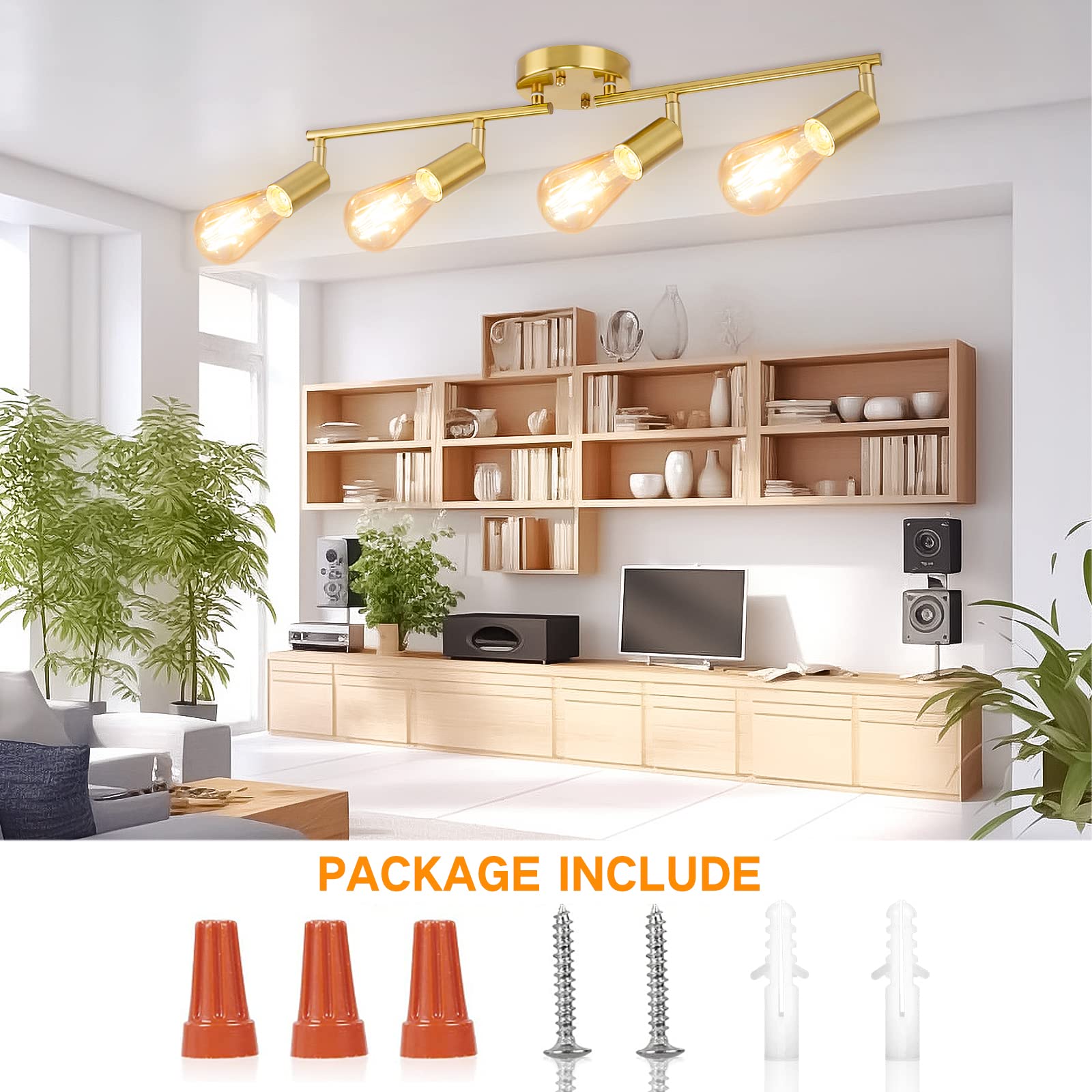 4 Lights Track Lighting Fixtures Ceiling, Flush Mount Gold Track Lights Kit, Modern Directional Kitchen Ceiling Lamp with Flexibly Adjustable E26 Light Heads, for Living Room, Office