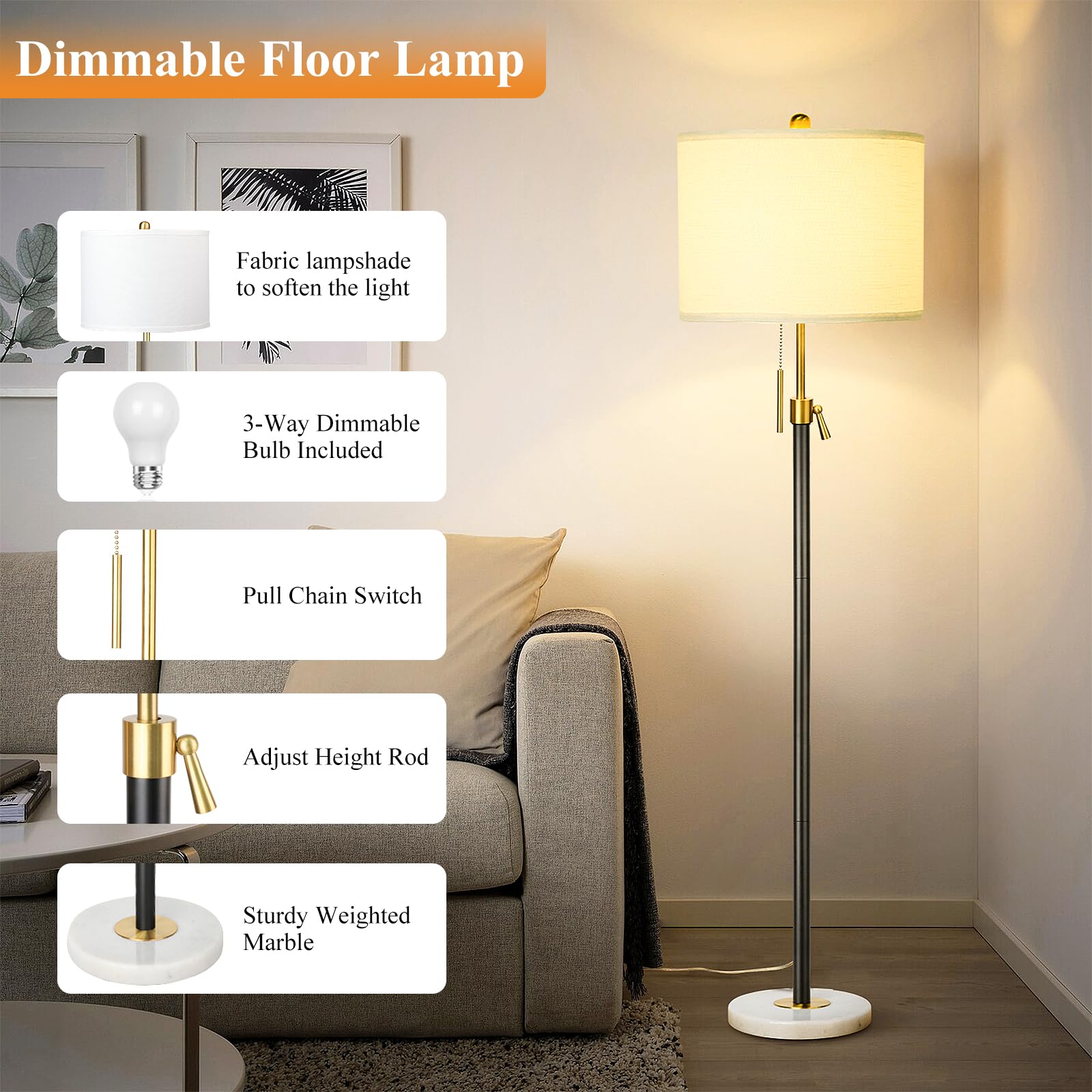 Floor Lamp for Living Room Adjustable Tall Standing Lamp, 3-Way Dimmable Floor Lamp for Bedroom Office, Black Gold Lamp with Marble Base and White Linen Shade, 6W 3000K LED Blub Included