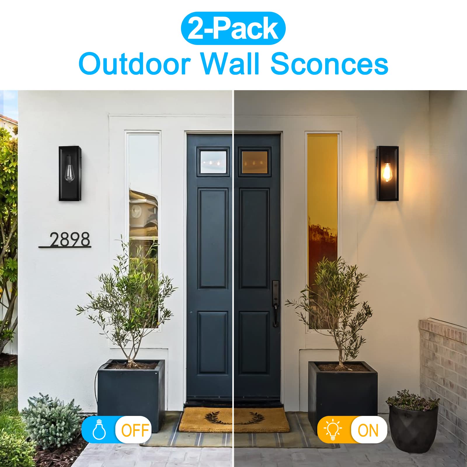 2-Pack Outdoor Wall Lanterns, Exterior Waterproof Wall Sconce with Glass Shades, Matte Black Porch Lights Wall Mounted, Anti-Rust E26 Modern Wall Lighting Fixtures for Patio Garage Entryway Front Door