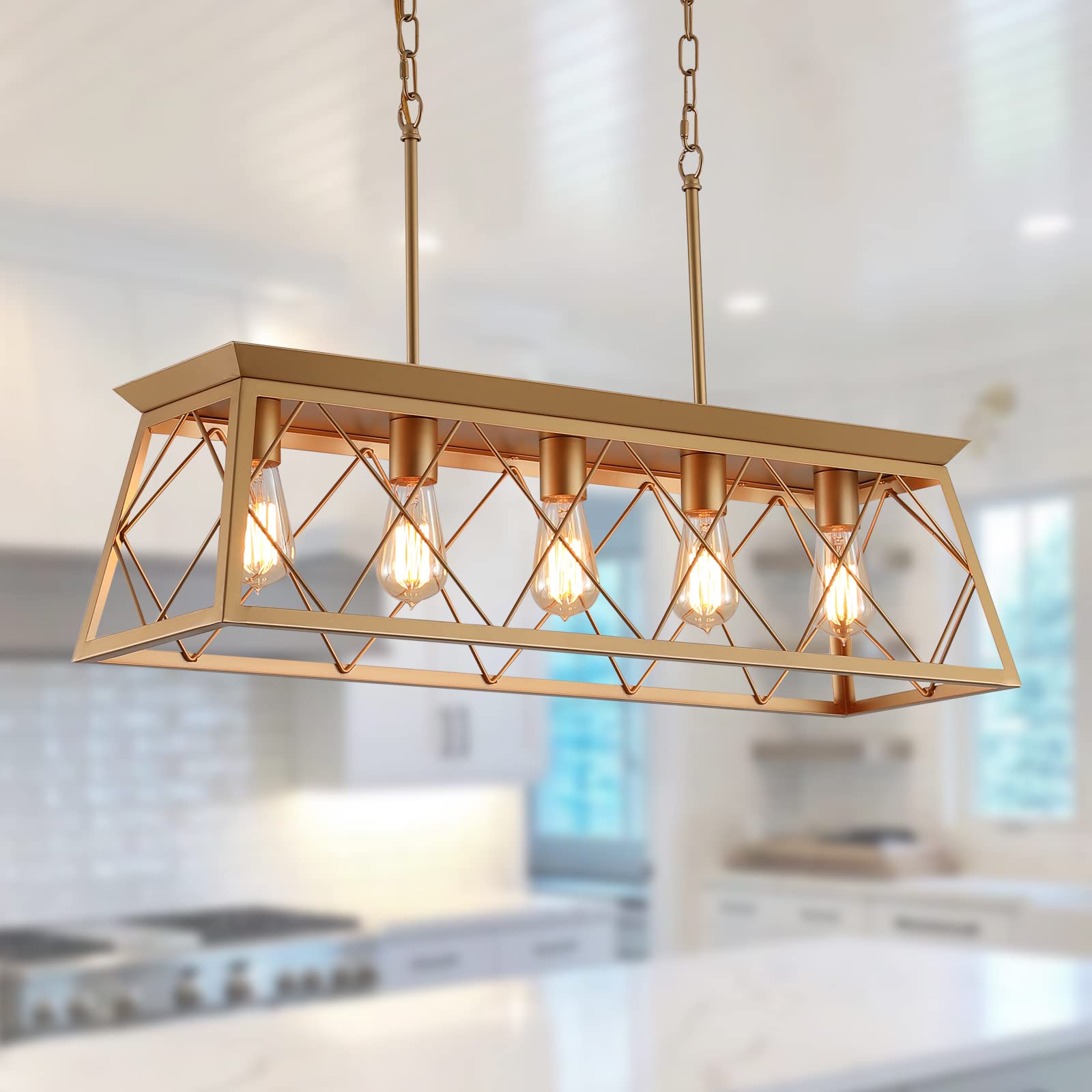 Q&S Modern Farmhouse Chandelier Light Fixtures,5-Lights Gold Linear Industrial Light Fixtures for Kitchen Island Bar Dining Table UL Listed