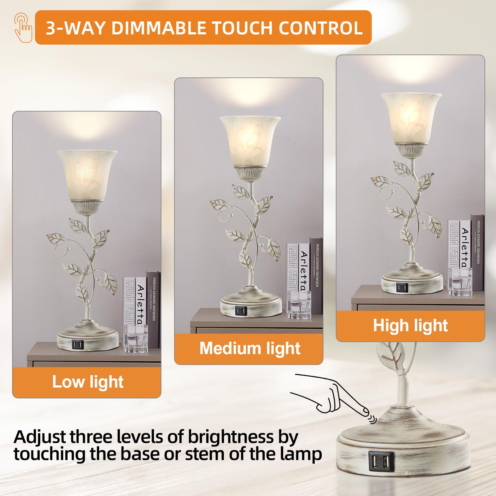 Touch Control Table Lamp with 2 USB Charging Ports, 3-Way Dimmable Bedside Nightstand Lamps, Amber Glass Shade Vintage Rural Leaf Lamp for Living Room, Bedroom, Dresser, LED Bulb Included (Bronze)