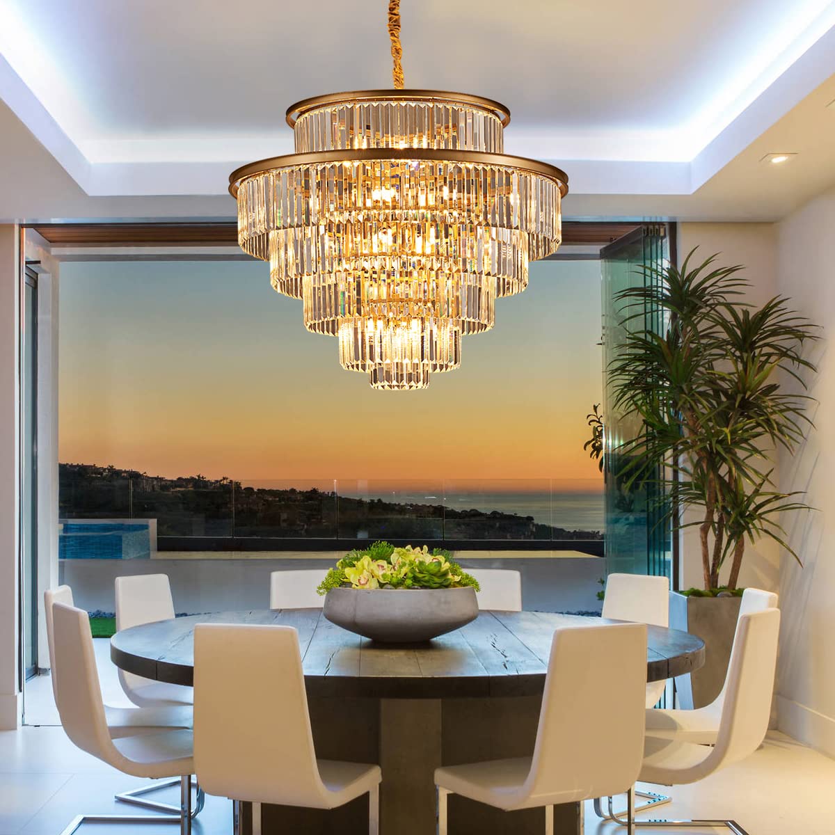 23" 8-Light Modern Crystal Chandelier Light Fixtures 2 Rings Gold Luxury Chandeliers for Dining Room Round Hanging Pendant Lighting for Living Room Kitchen Entryway Bedroom