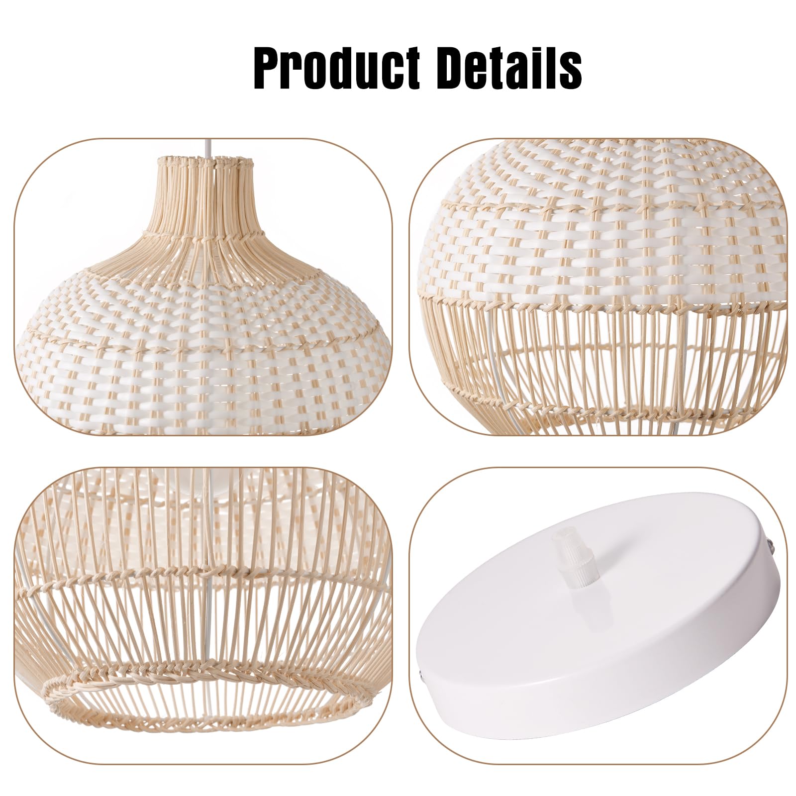 White Rattan Pendant Lights, Farmhouse Coastal Wicker Hanging Ceiling Lighting Chandelier, Handmade Woven Lampshade for Kitchen Island