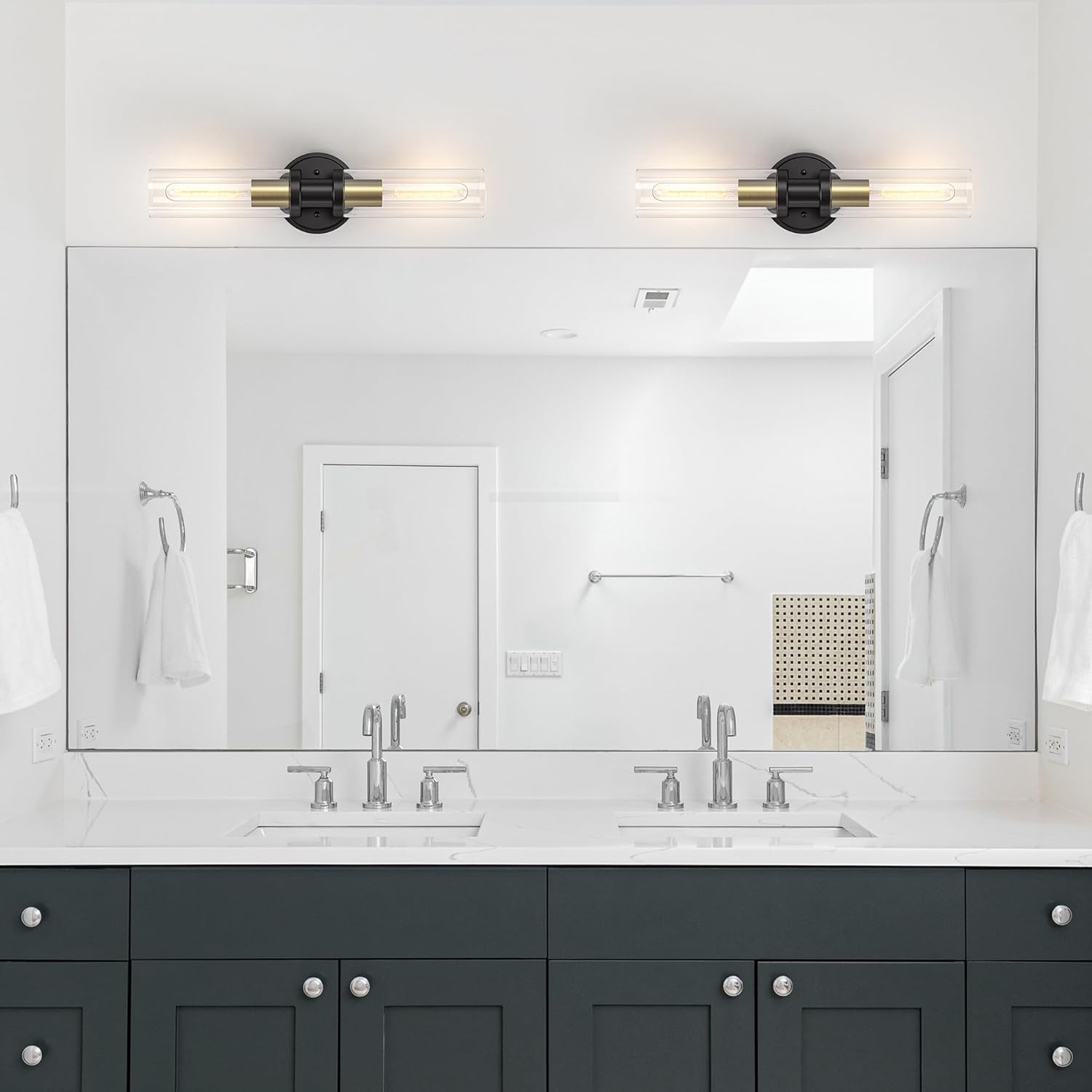 Bathroom Light Fixtures 2-Light Black & Gold, Bathroom Vanity Lights Over Mirror, Wall Sconces, Industrial Bathroom Lighting, Modern Brushed Brass Vanity Lighting Fixtures w/Glass Shades