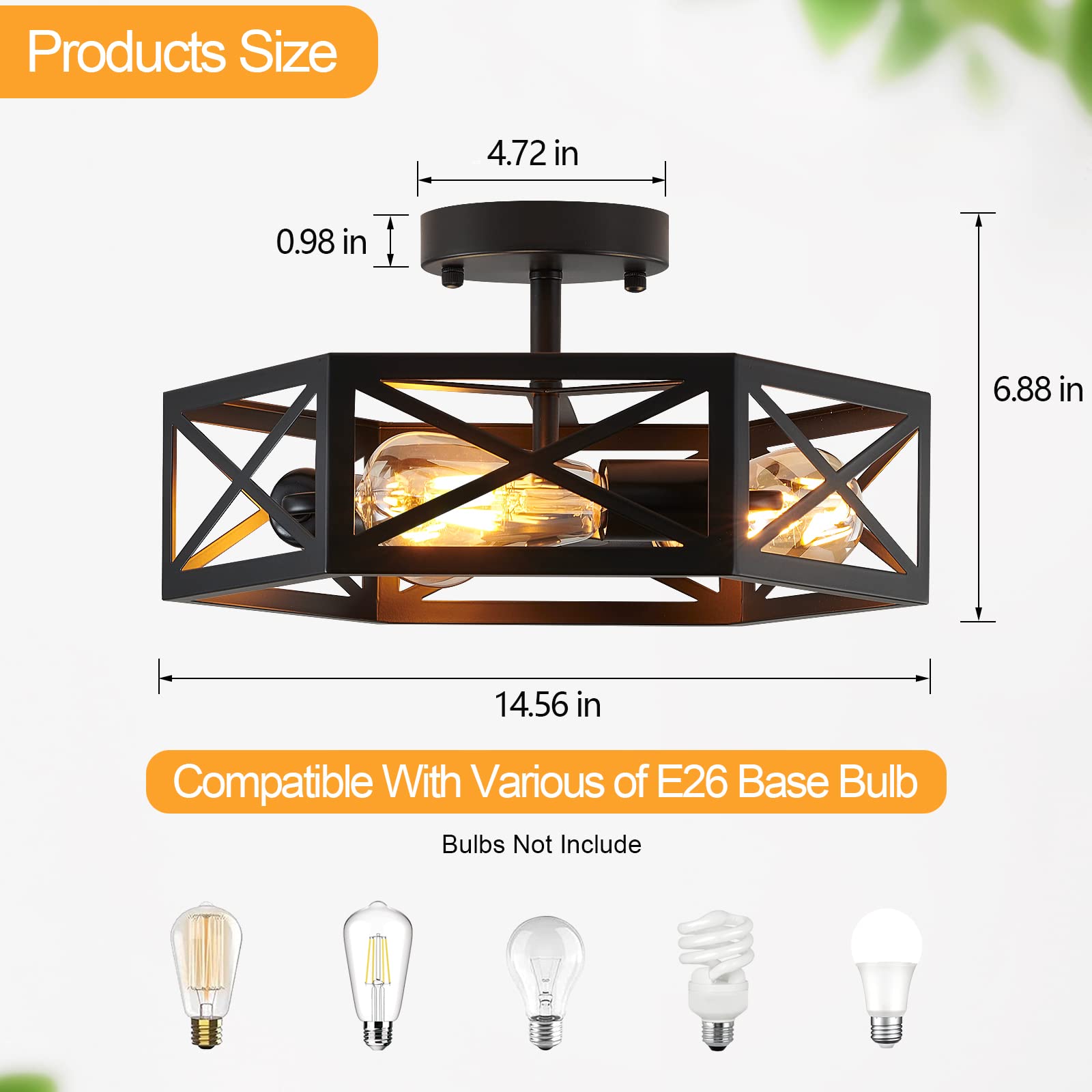 Semi Flush Mount Ceiling Light Fixture, Modern Farmhouse 3-Light Black Ceiling Light, Industrial Close to Ceiling Light with Metal Hexagon Cage Ceiling Lamp for Kitchen, Hallway, Bathroom