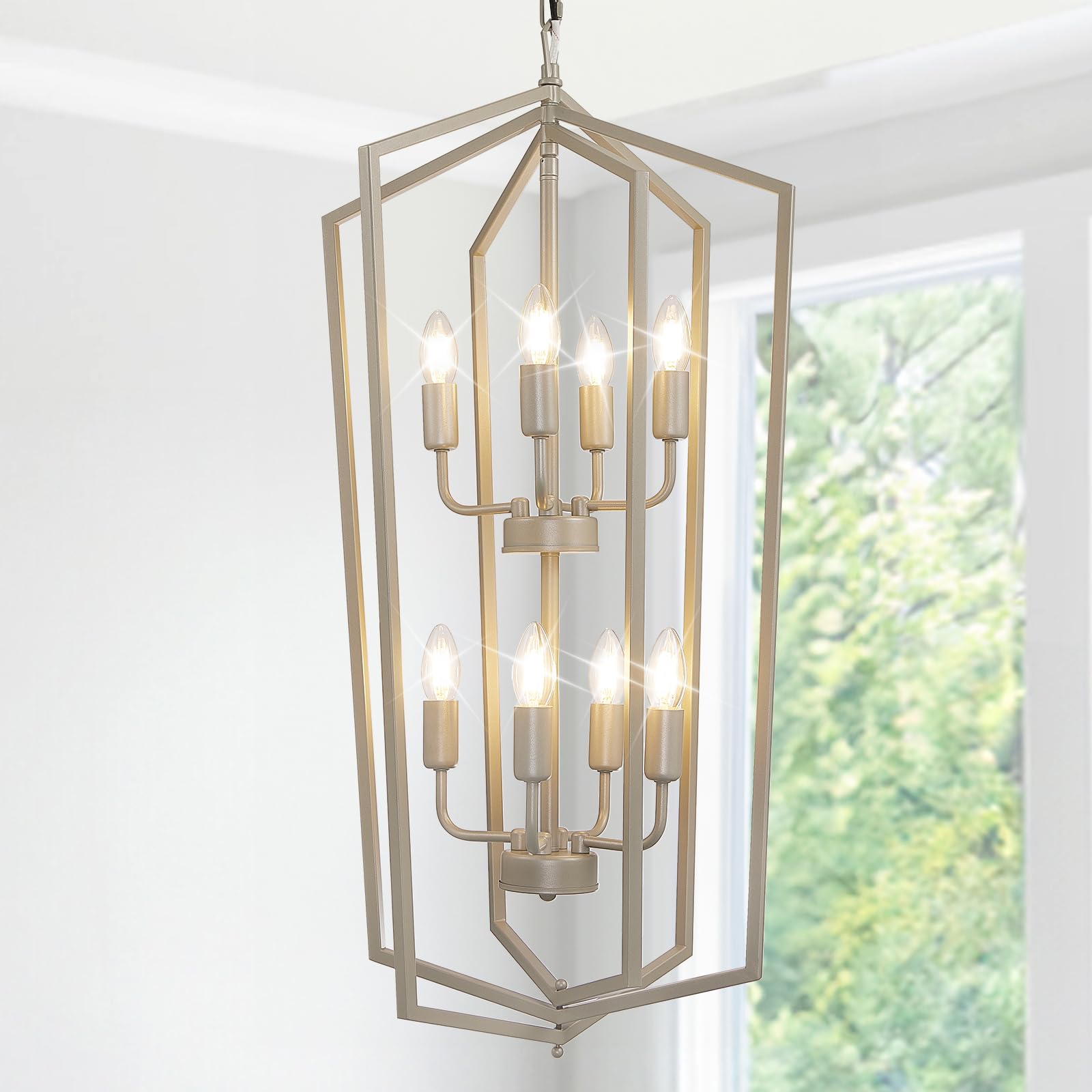 4-Light Lantern Pendant Light, 18.1" Gold Kitchen Pendant Light, Modern Geometric Chandelier, Adjustable Chain Cage Hanging Pendant Light Fixture for Bedroom, Kitchen Island, Foyer, Entrance