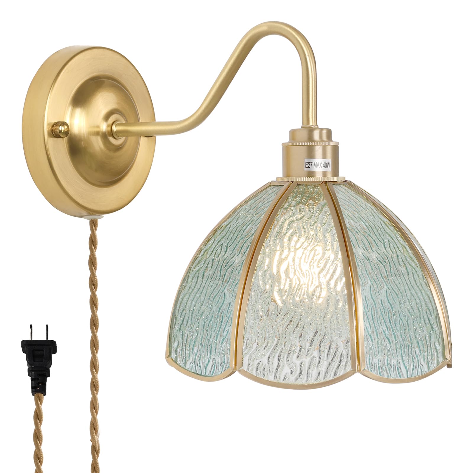 Wall Sconce, Wall Mounted Lamps with Green Checker Sconce, Stained Glass Shade Brass Wall Lights Fixture with Plug in Cord and Switch for Bedroom Bathroom Living Room Hallway