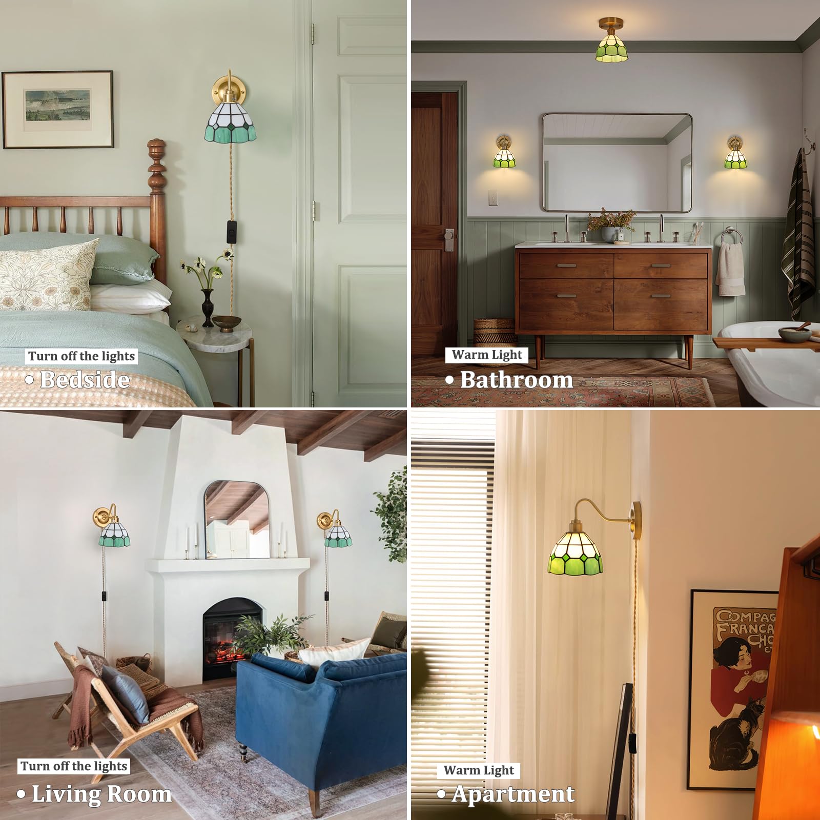 Wall Sconce, Wall Mounted Lamps with Green Checker Sconce, Stained Glass Shade Brass Wall Lights Fixture with Plug in Cord and Switch for Bedroom Bathroom Living Room Hallway