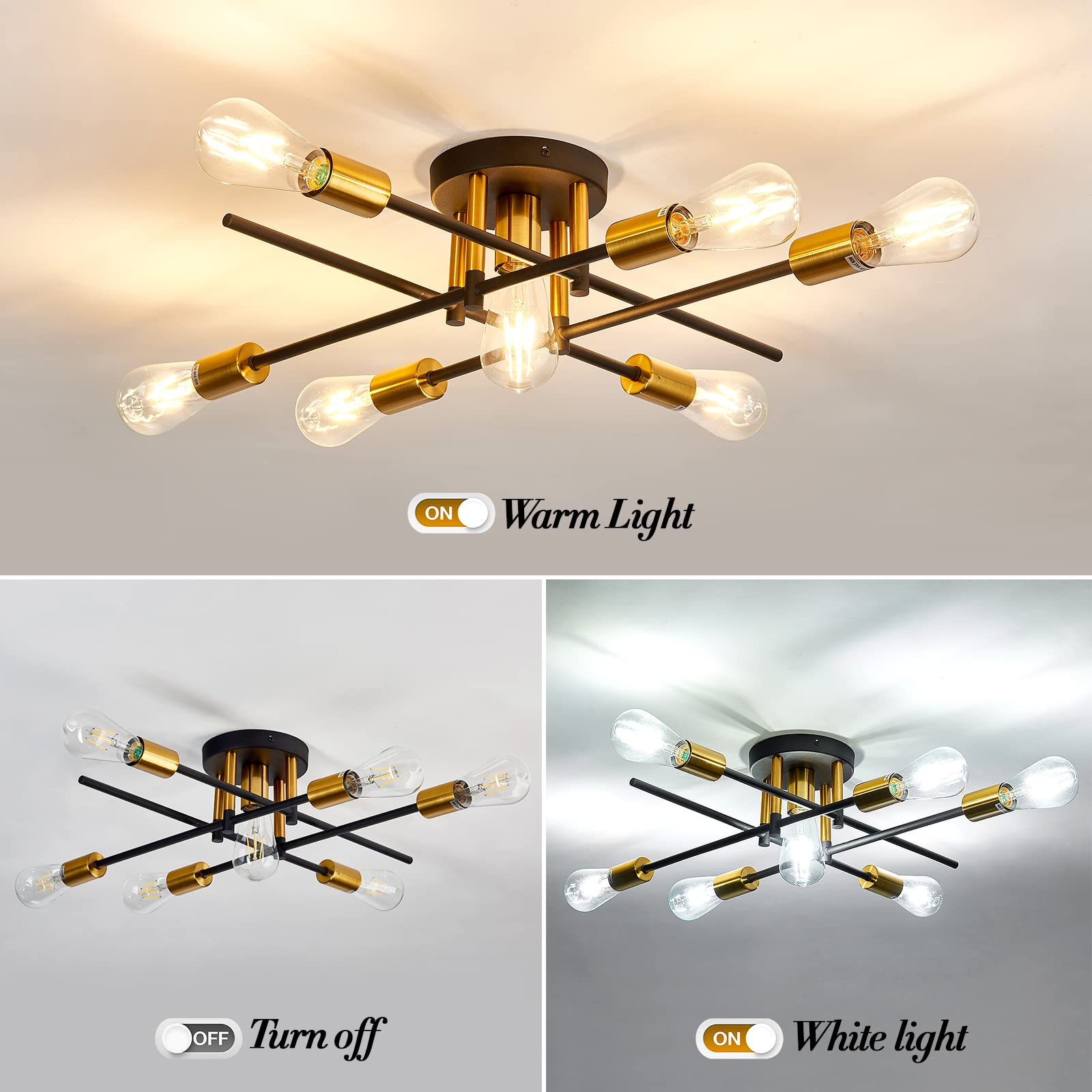 Farmhouse 5-Light Semi Flush Mount Ceiling Light Fixture with E26 Modern Matte Black and Gold Chandelier Sputnik Ceiling Lamp for Hallway Kitchen Dining Room Bedroom Study Living Room Bathroom