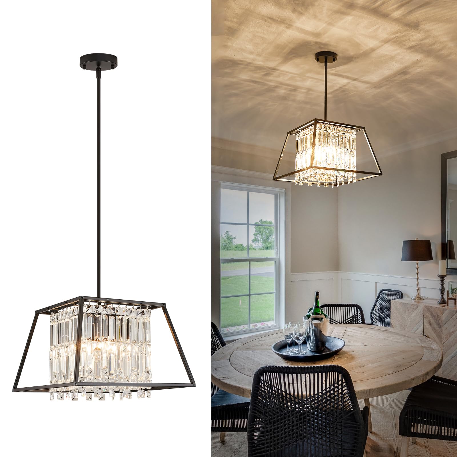 Modern 4-Light Dining Room Chandelier,Farmhouse Black Metal Chandelier,Crystal Square Industrial Pendant Light Fixture for Kitchen Island Living Room Foyer Hallway Entryway 15.75"