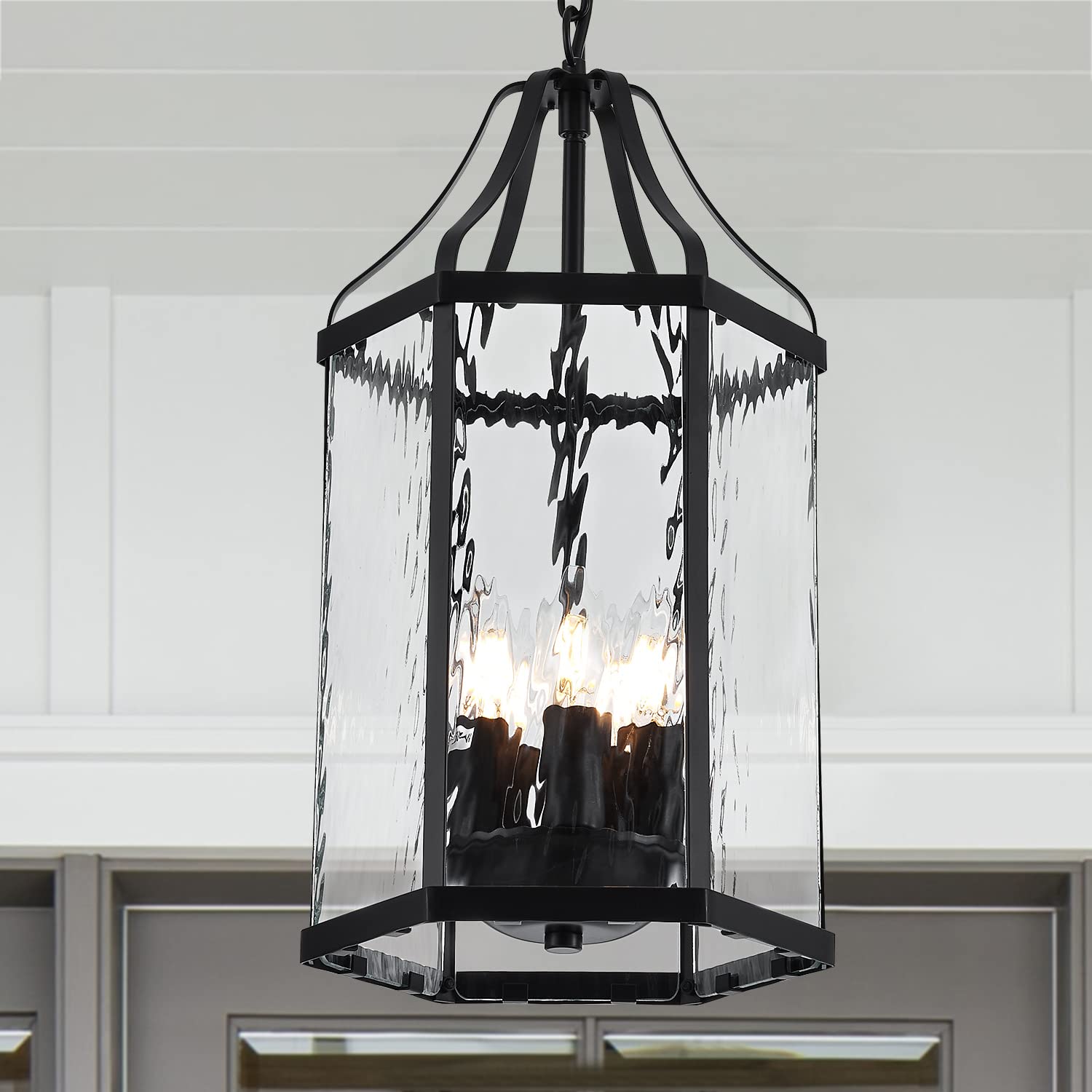 8" Modern 3-Light Exterior Black Lantern Pendant Light Fixture with Clear Rippled Glass Mini Industrial Hanging Cage Chandelier for Outdoor Kitchen Dining Room Hallway Entryway Foyer Porch