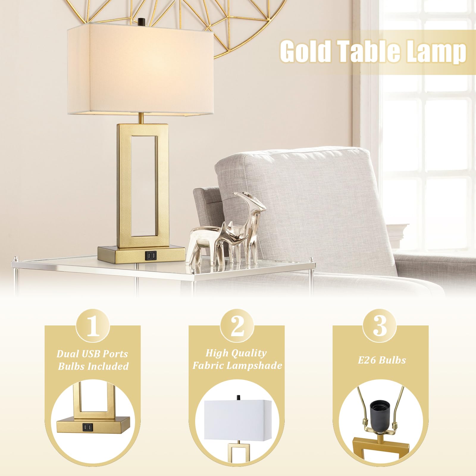 Silver Table Lamps Set of 2 with Dual USB Ports,3-Way Dimmable Touch Control Bedside Lamps,Modern Bedroom Table Lamp for Living Room,Nightstand LED Bulbs Included