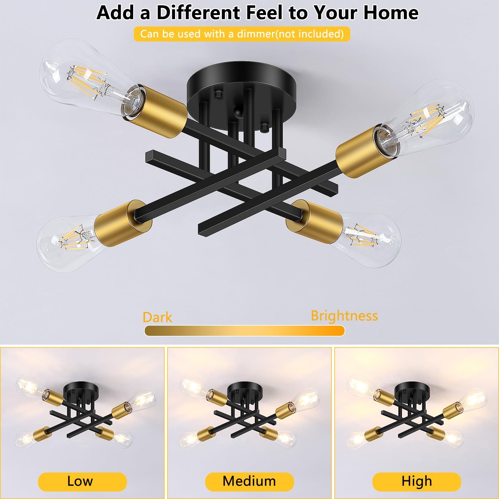 6-Lights Semi Flush Mount Ceiling Light, Mid-Century Modern Black and Gold Sputnik Ceiling Lighting, Industrial Kitchen Light Fixtures Ceiling Mount for Dining Room Hallway Living Room