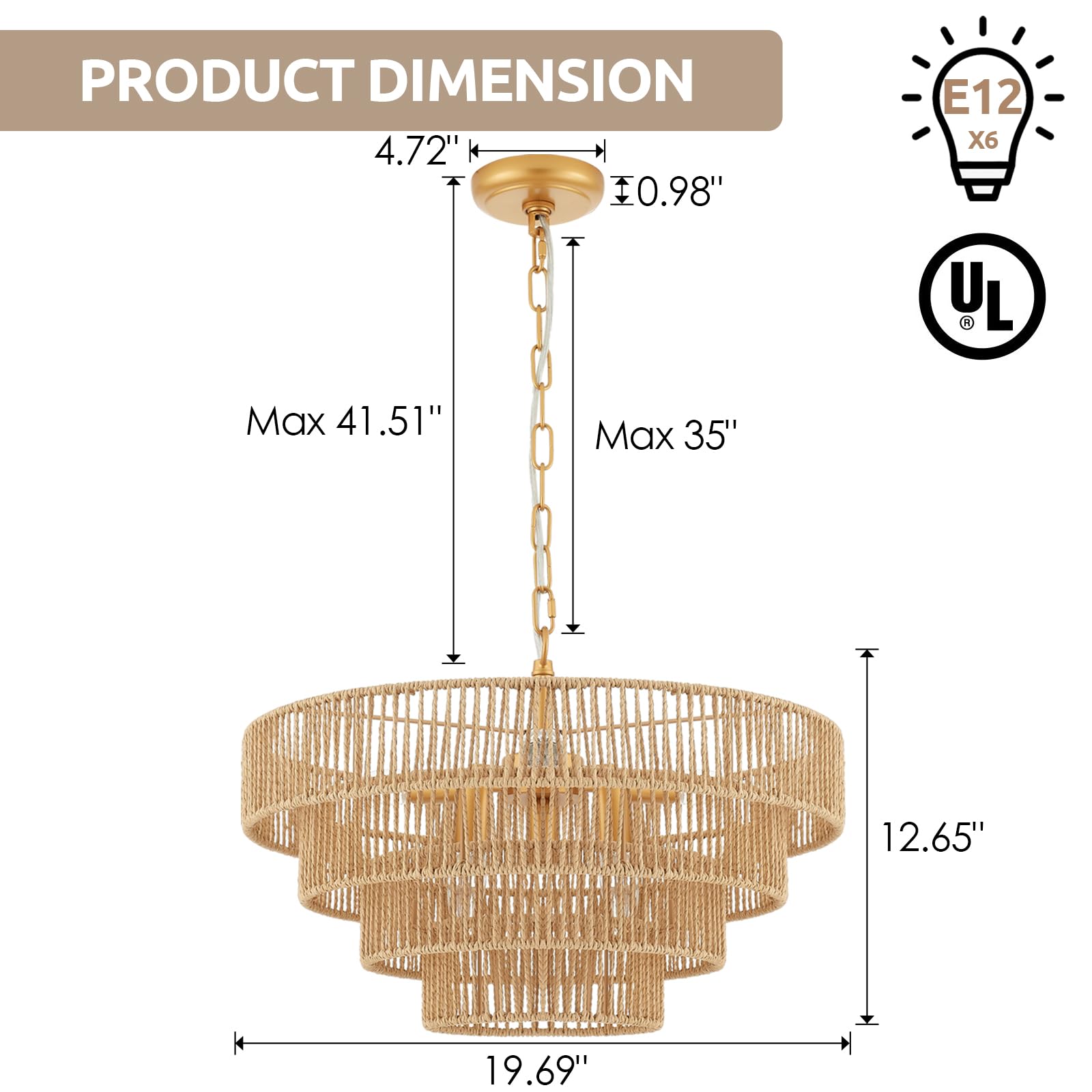 6-Lights Hand-Woven Rattan Pendant Light 4 Round Transitional Minimalist Boho Large Pendant Light for Kitchen Island Dining Room Living Room Hallway, Dia 20 Inch, UL Listed