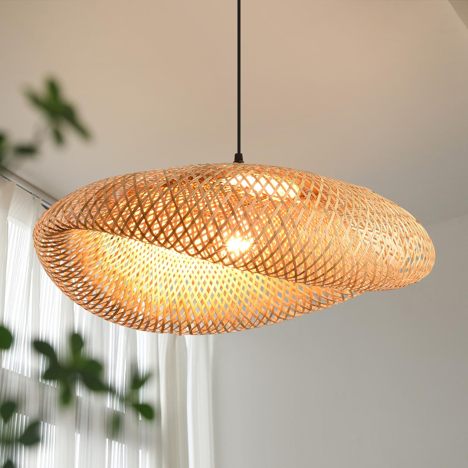 Boho Bamboo Pendant Light, 23.64in Bohemian Hand-Woven Rattan Chandelier Coastal Wicker Lighting Fixtures Hanging Lamp for Kitchen Island Dining Living Room Restaurants Bedroom