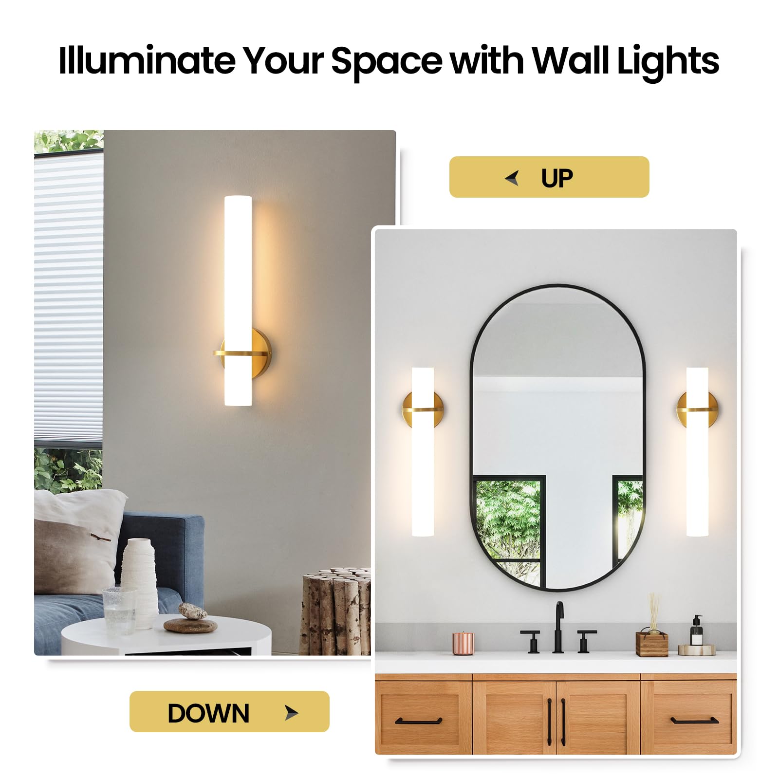 Gold Wall Sconces Set of Two - Dimmable Modern Sconces Wall Lighting 18W 3000K Led Wall Lights Acrylic Lampshade Hardwired Wall Light Fixtures for Living Room Bedroom Bathroom Hallway