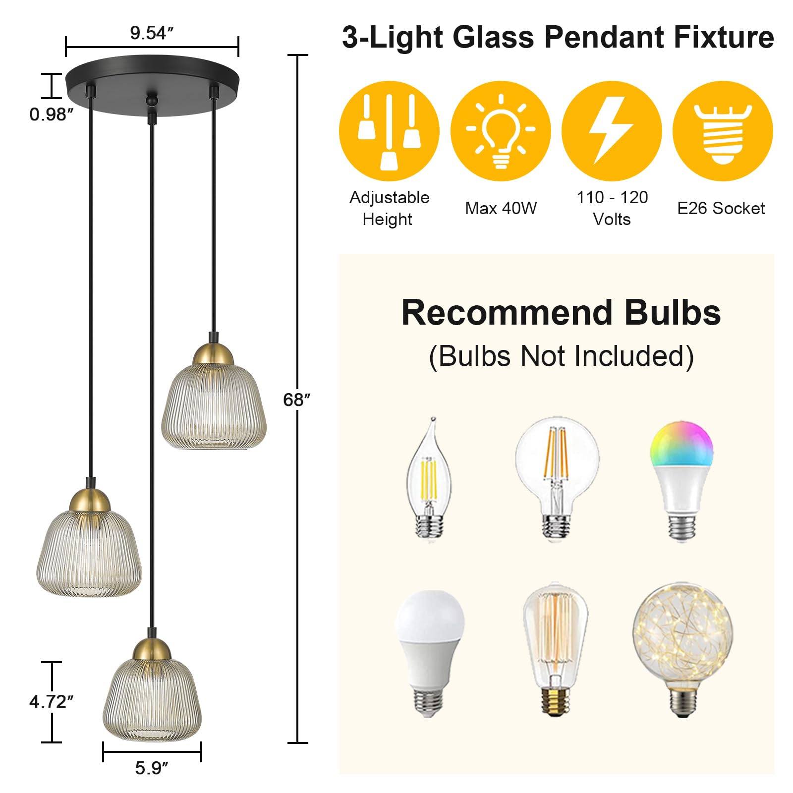 3-Light Hanging Pendant Lights, 7inch Modern Cognac Glass Shade Adjustable Height Pendant Light Fixture， E26 Base Pendant Light for Kitchen Island Living Room Hallway Lighting