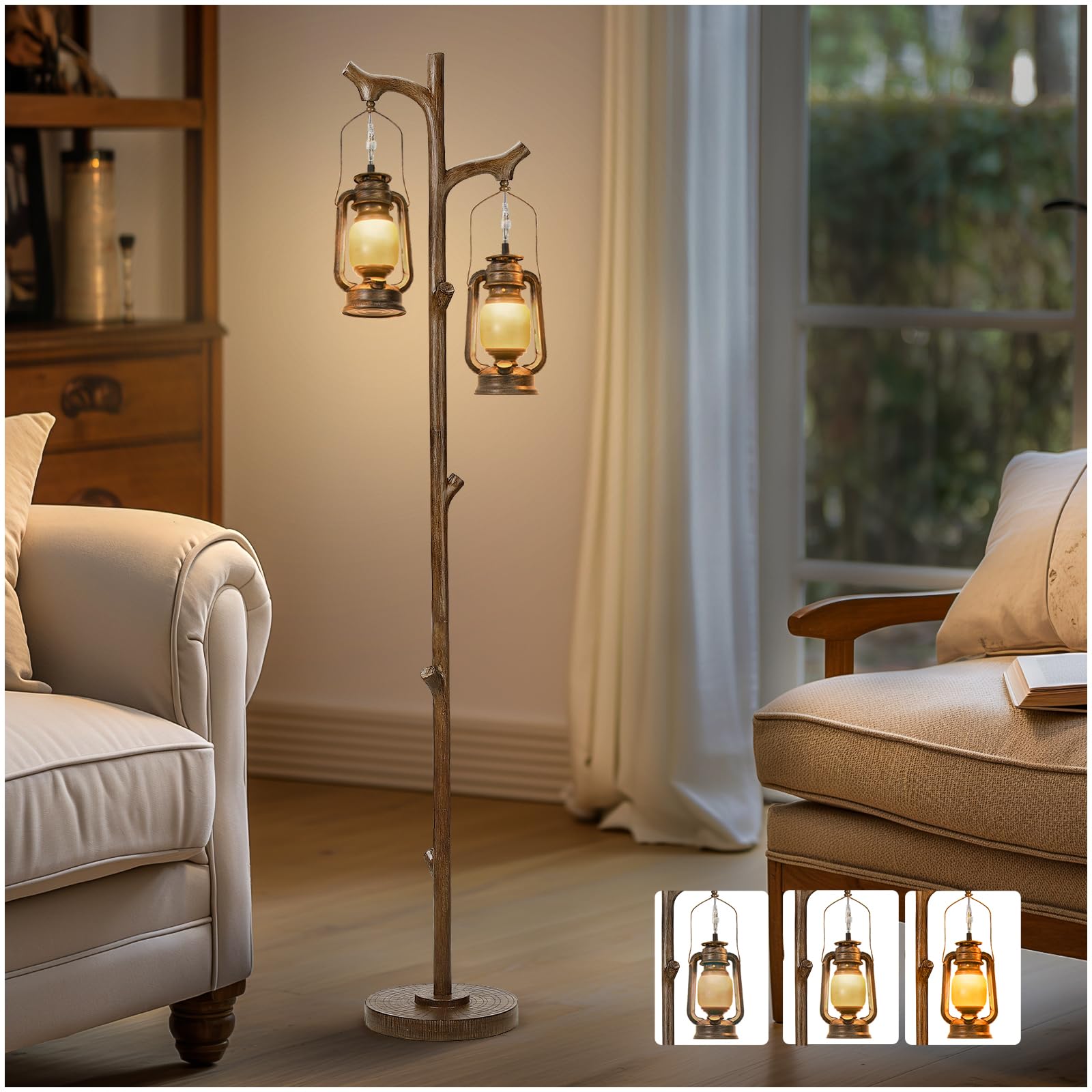 68.5" Rustic Farmhouse Remote Control Switch Birch Tree Floor lamp with Bird Nest Lantern Shade Vintage Standing Lamp for Living Room Bedroom Hotel Bar Office Wood House(LED Bulb Included)