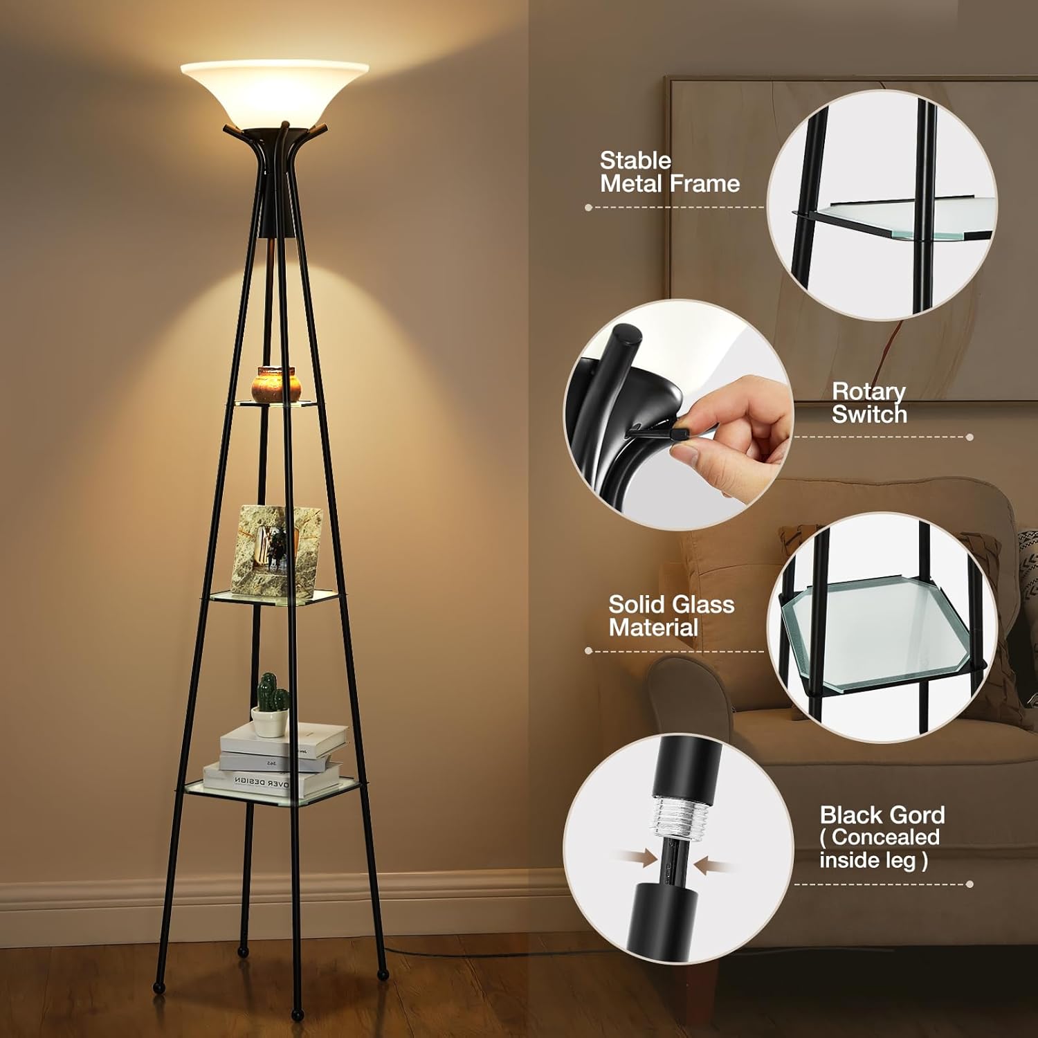 Floor Lamp with Shelves, 69” Tall Shelf Lamp, 3-Tier Modern Shelf Floor Lamp, Floor Lamps for Living Room, Bedroom, Home Office, Standing Lamp with 8W Bulb, Black & White