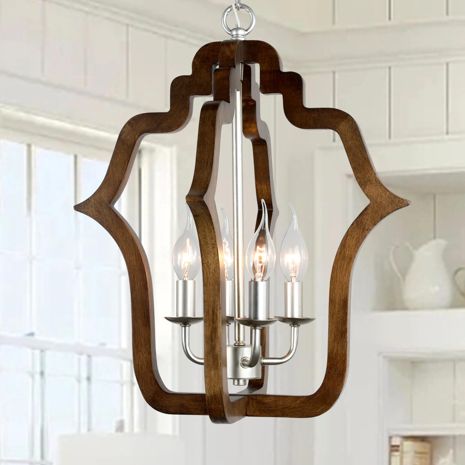 2024 New Antique Wood Farmhouse Chandelier, 4 Light Vase Shape Distressed French Country Wooden Pendant Light, Coastal Hanging Rustic Orb Chandeliers for Dining Room Kitchen Island Bedroom Foyer Entry