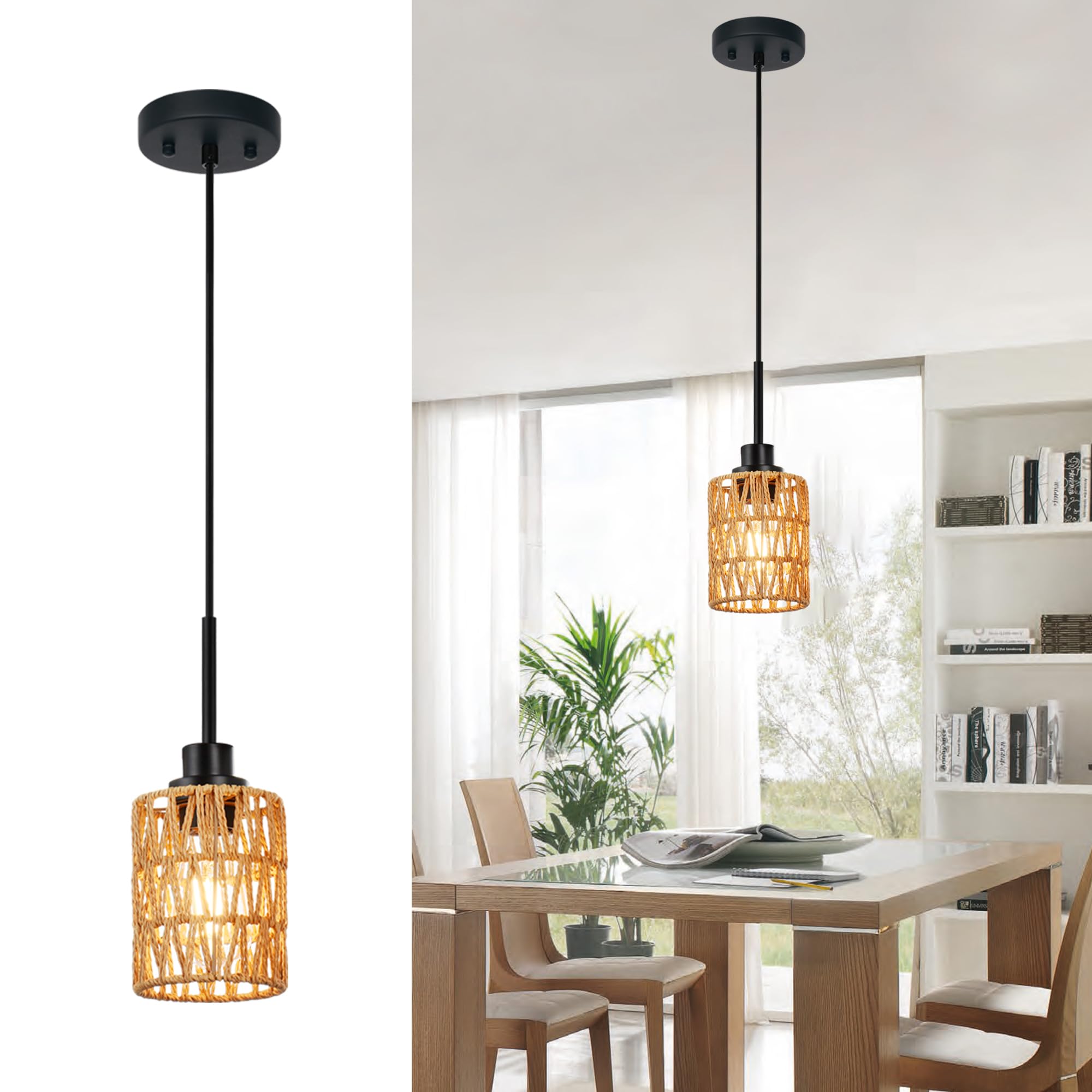 2 Pack Rattan Hanging Light Fixture Boho Pendant Light Black Adjustable Dining Table Light Fixture with Rattan Lamp Shade, Set of Two Mini Pendant Lighting for Kitchen Island Hallway Stair