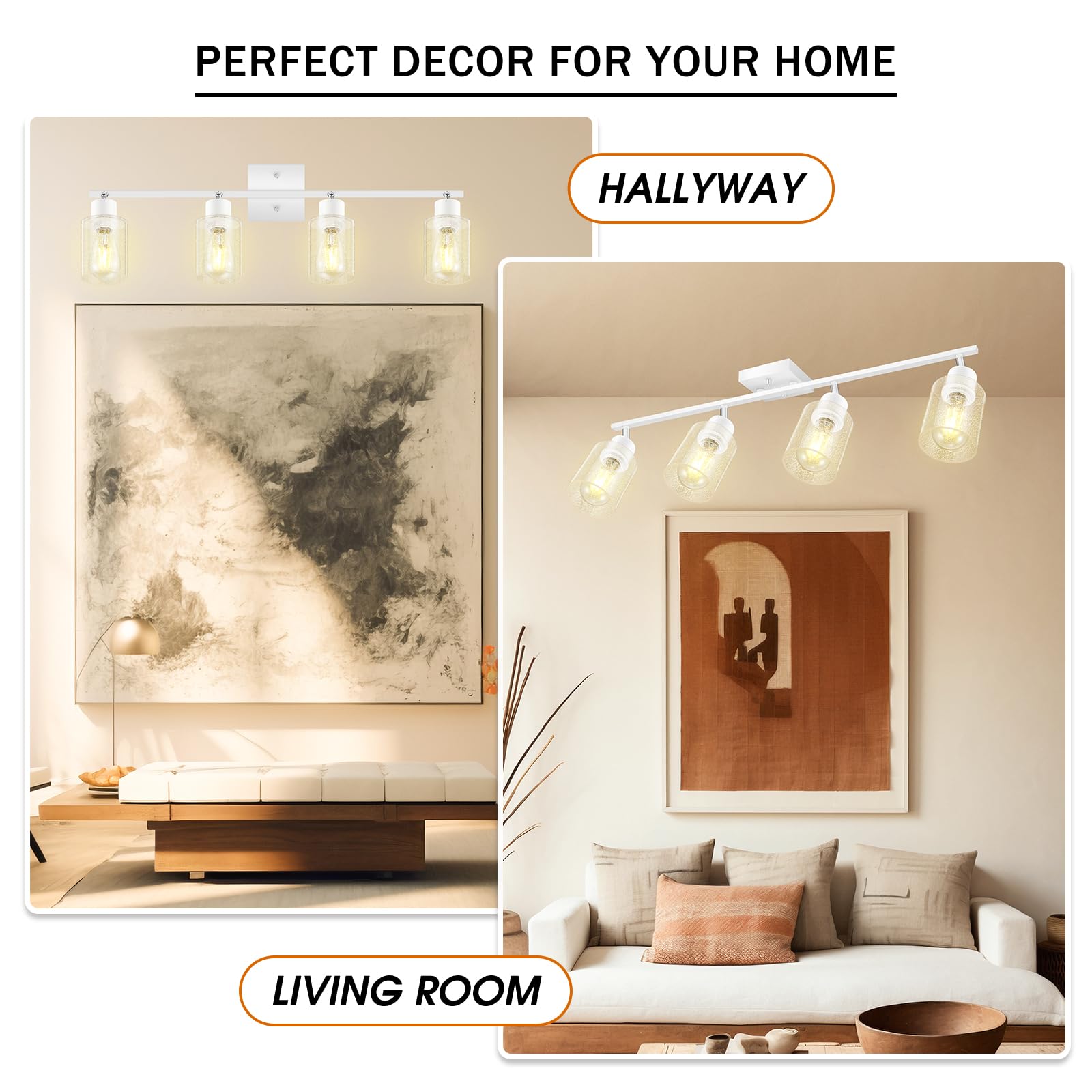 LED 4 Light Track Lighting Kit, 4 Way Ceiling Spot Lighting with Glass Lampshade, Flexibly Rotatable Light Head for Kitchen, Living Room, Bedroom, Bulb Not Included