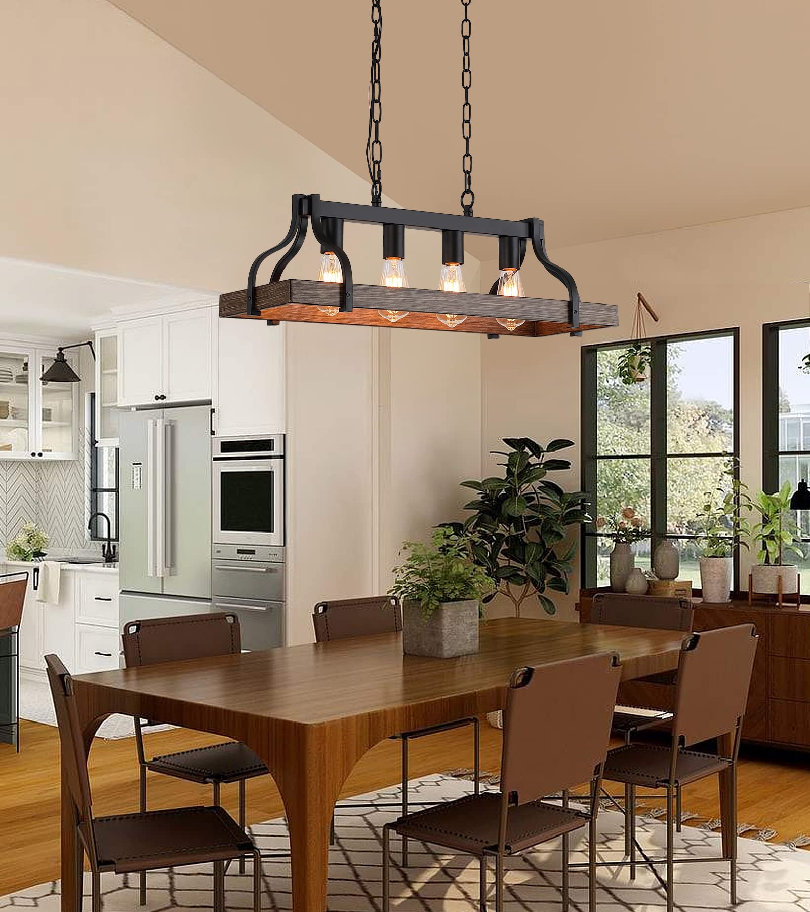 Rustic Kitchen Island Dining Room Light Fixture Farmhouse Linear Chandelier Black and Retro Wood Finish 5-Light Industrial Metal Hanging Pendant Light UL Listed L33.5 W10.6