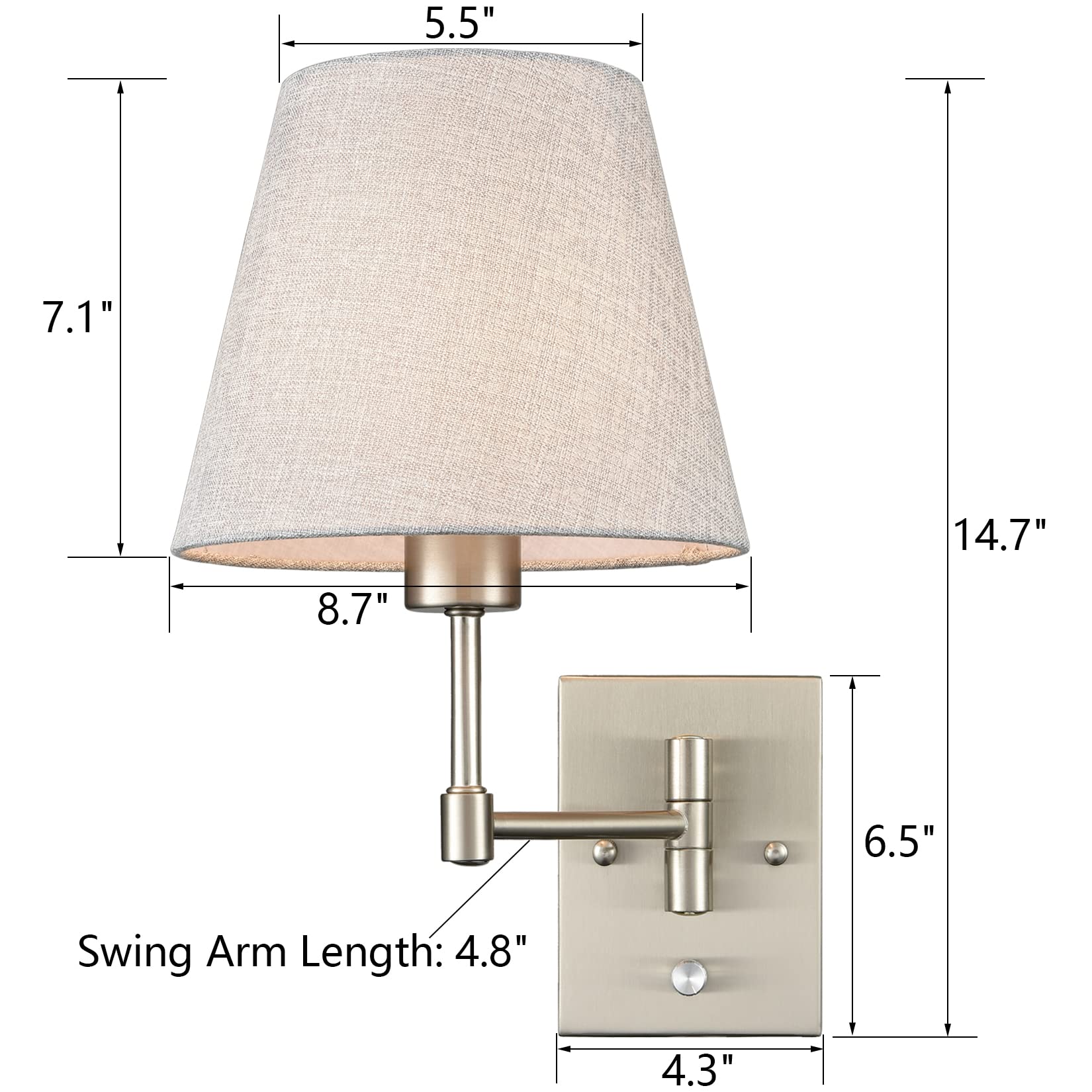 Gold Plug-in Wall Sconces Set of Two Beige Shade Brass Swing Arm Wall Lamp with Plug-in Cord Wall Mount Reading Light for Bedroom Living Room